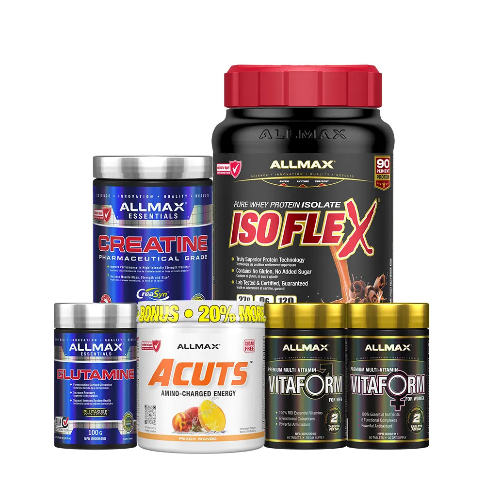 A group of six Allmax branded supplement containers arranged on a plain white background, including Creatine, Isoflex, Glutamine, Acuts, Vitaform, and Vitaform+ containers.