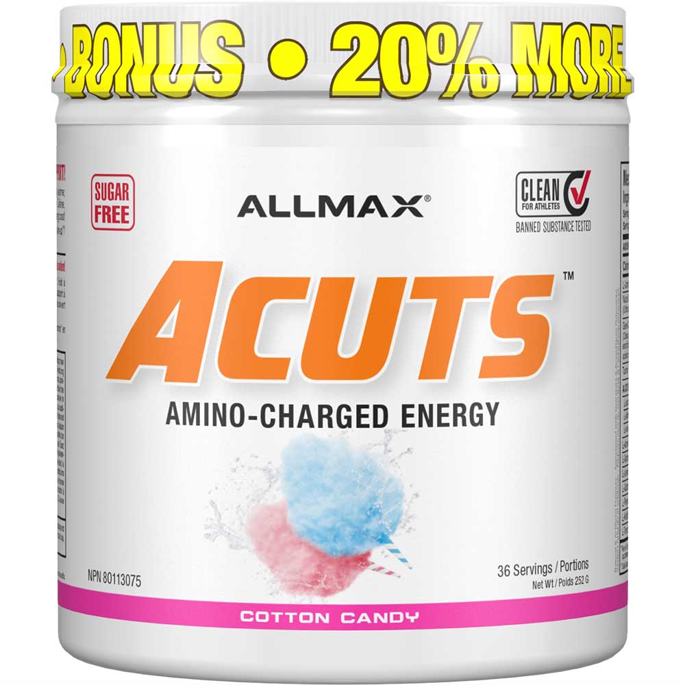 ACuts Amino Acid Energy Drink by ALLMAX Nutrition in Cotton Candy Flavor and 252g Size.
