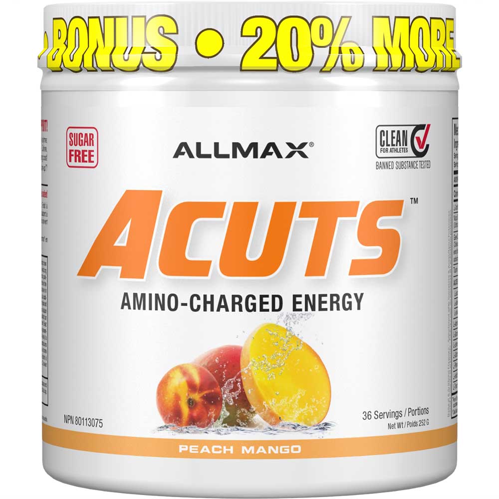 ACuts Amino Acid Energy Drink by ALLMAX Nutrition in Peach Mango Flavor and 252g Size.