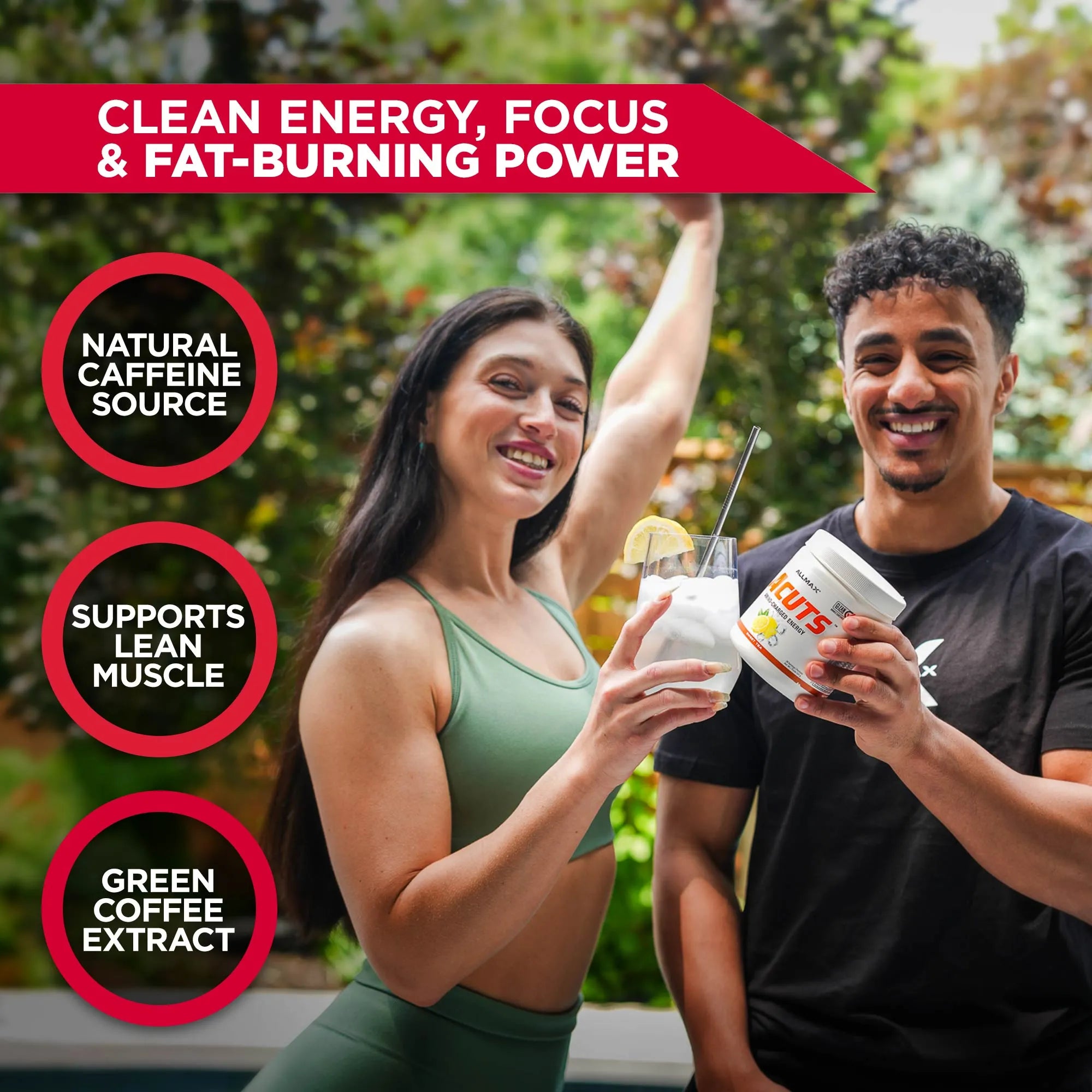 Two people holding containers of a supplement with text about its benefits.
