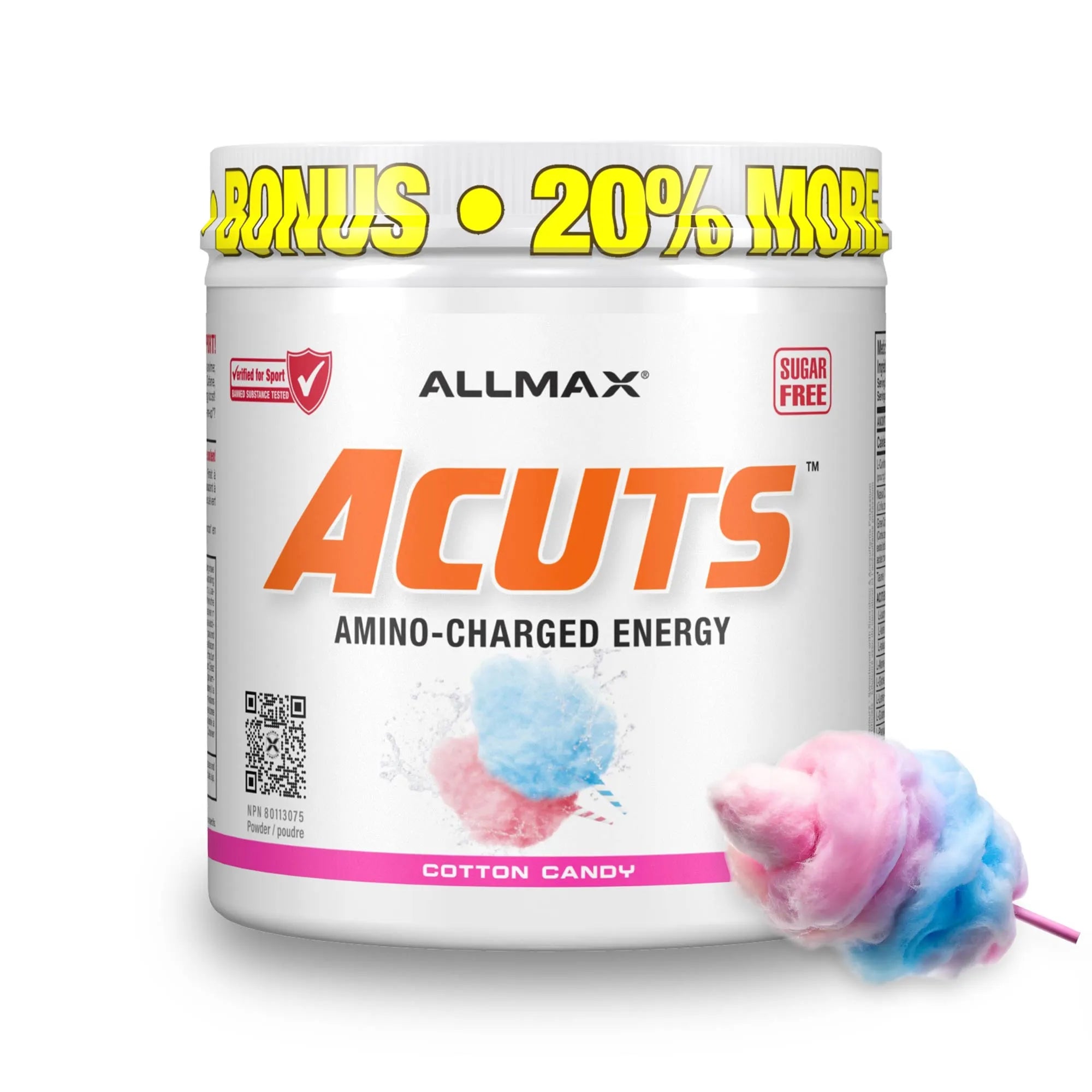 A white tub of Allmax Acuts cotton candy flavor amino-charged energy powder, featuring a pink and blue cotton candy graphic on the label, with a real cotton candy stick placed next to the tub on a white background.