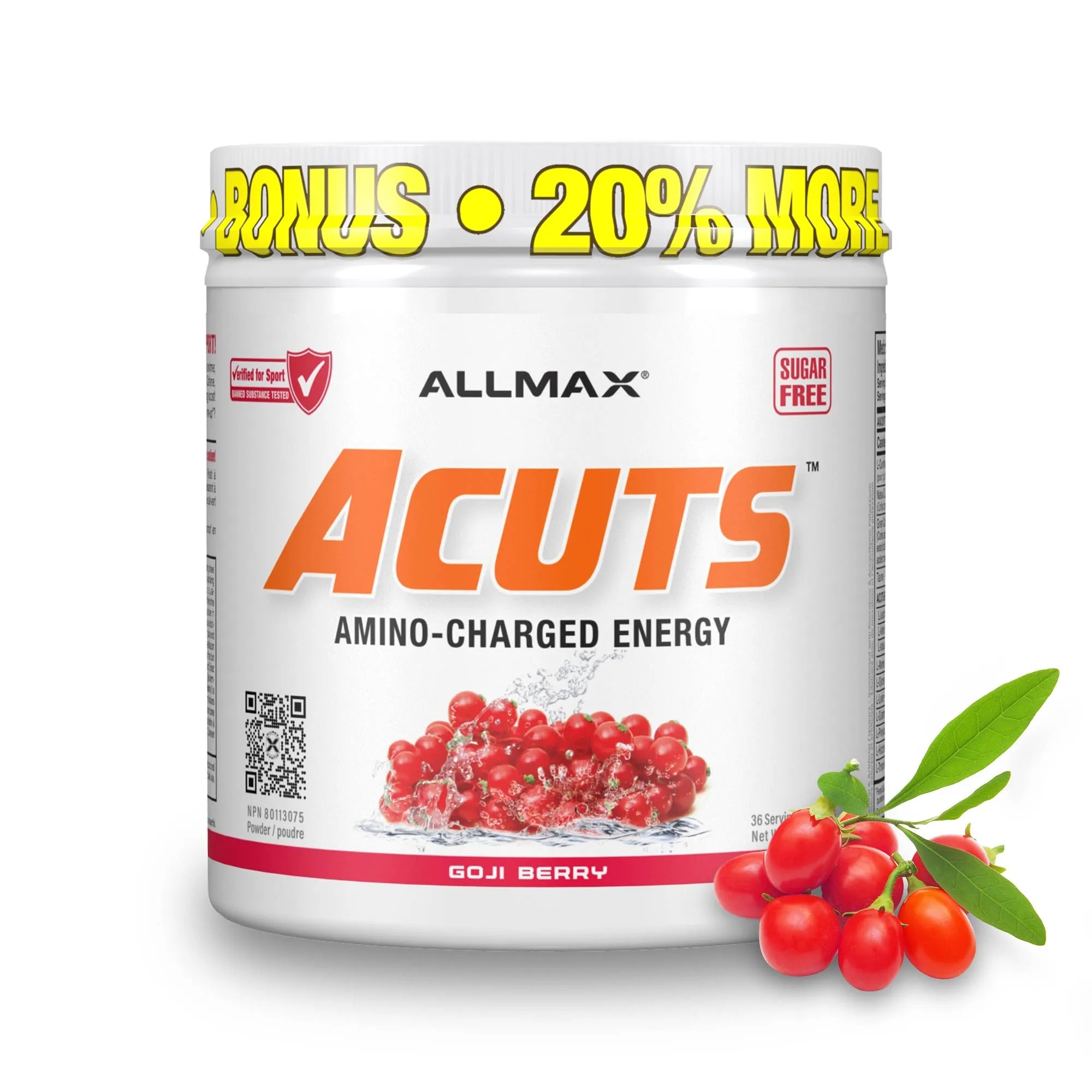 A white tub of ALLMAX Acuts Amino-Charged Energy powder in Goji Berry flavor, featuring a yellow 'BONUS 20% MORE' banner at the top and a cluster of red goji berries on the right side, set against a plain white background.