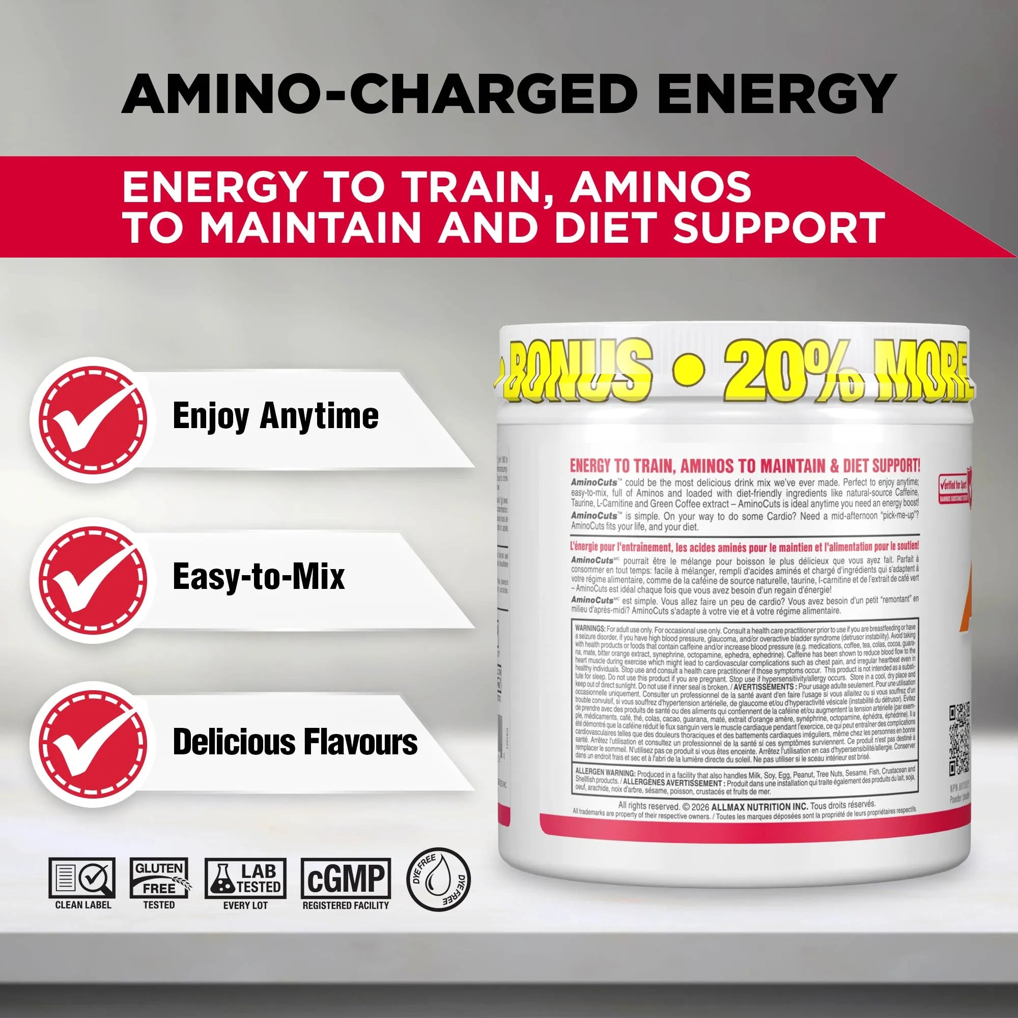 Amino-Charged Energy supplement container shown on a gray promotional background with red and white text banners, feature callouts, and certification icons. The container is white with red and yellow accents.