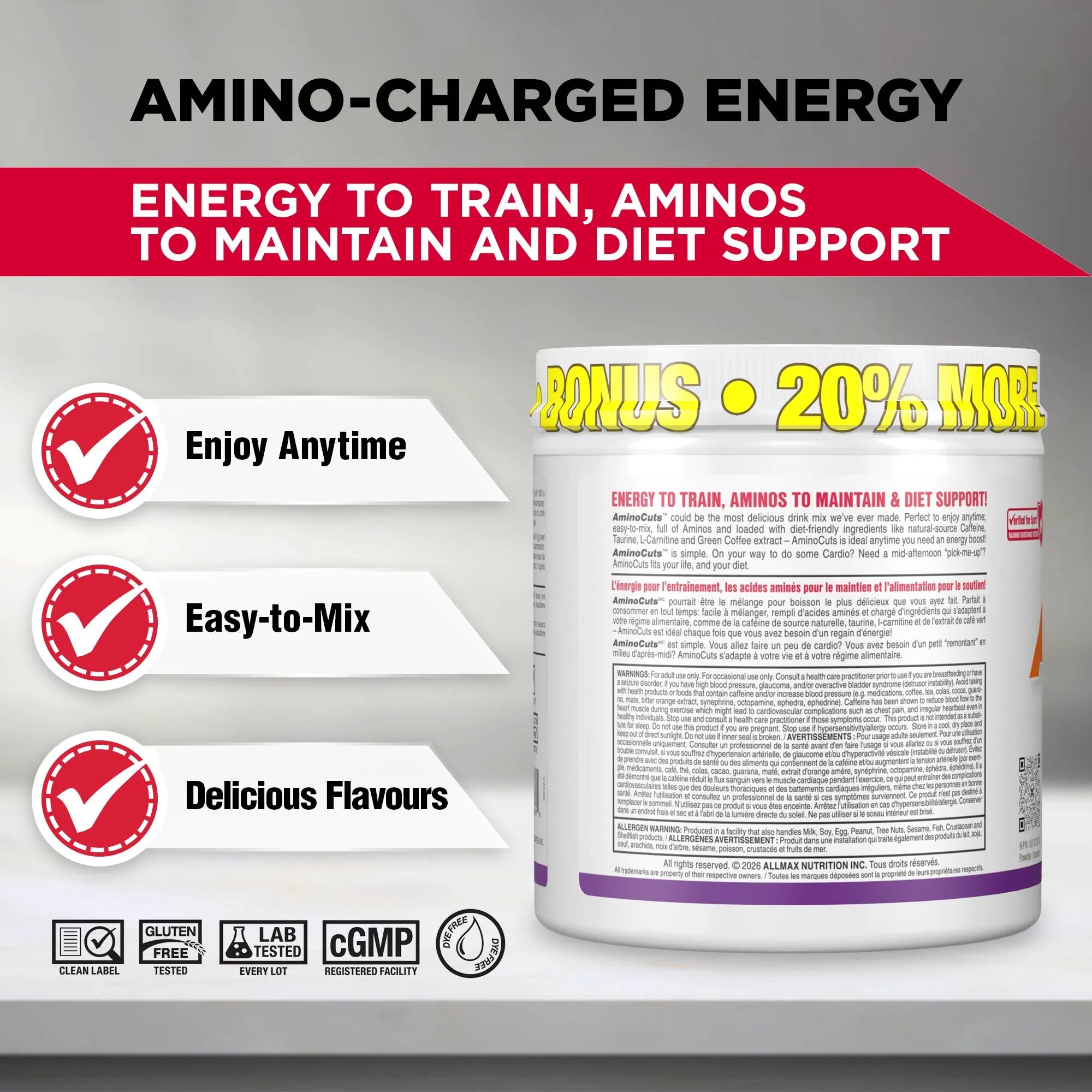 A white supplement tub labeled 'Amino-Charged Energy' shown on a gray gradient background with promotional text and icons. The tub has a white body with purple accents and a red label section.