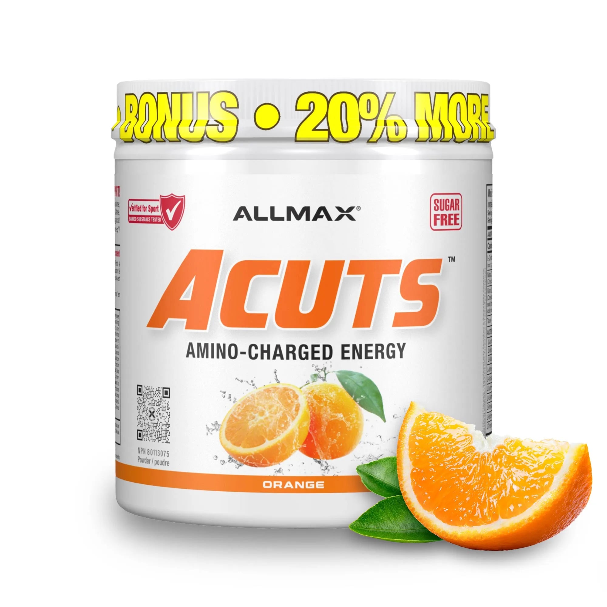 A white plastic tub of ALLMAX Acuts Amino-Charged Energy in Orange flavor, featuring a bold orange logo and graphics of sliced oranges on the label. A yellow banner at the top reads 'BONUS * 20% MORE'.