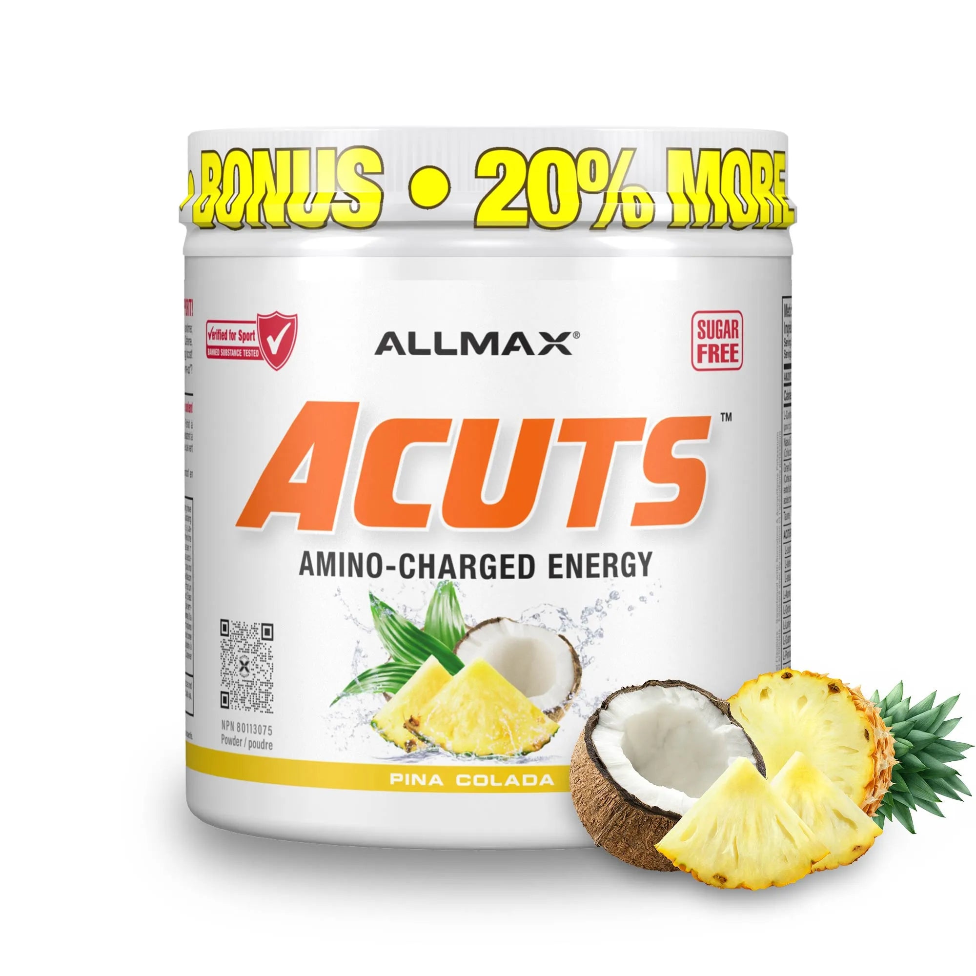 A white tub of ALLMAX Acuts Amino-Charged Energy powder in Pina Colada flavor, featuring a yellow 'BONUS 20% MORE' banner at the top and illustrations of pineapple and coconut on the front label.