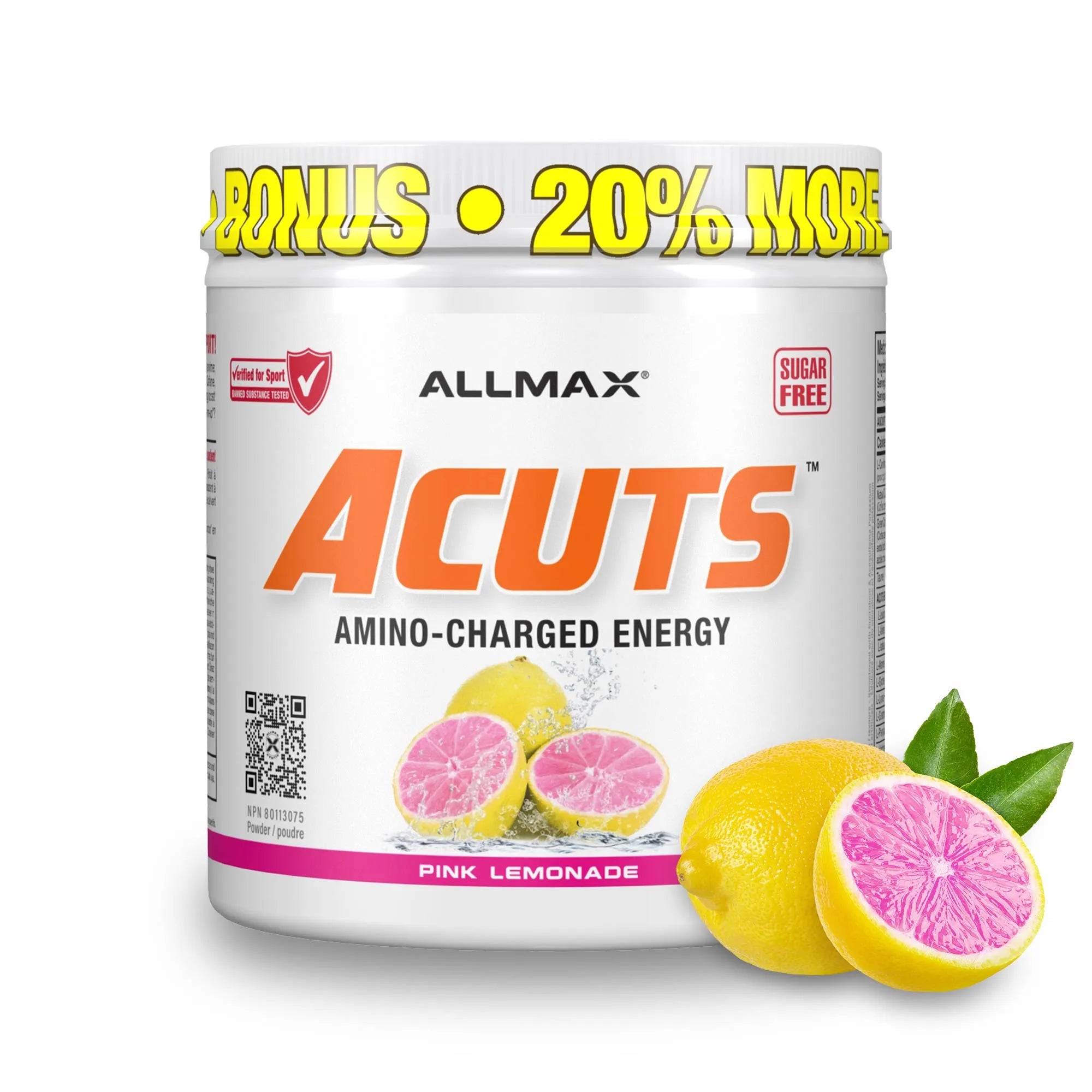 A white tub of ALLMAX Acuts Amino-Charged Energy powder in Pink Lemonade flavor, shown with yellow and pink grapefruit slices on a white background.