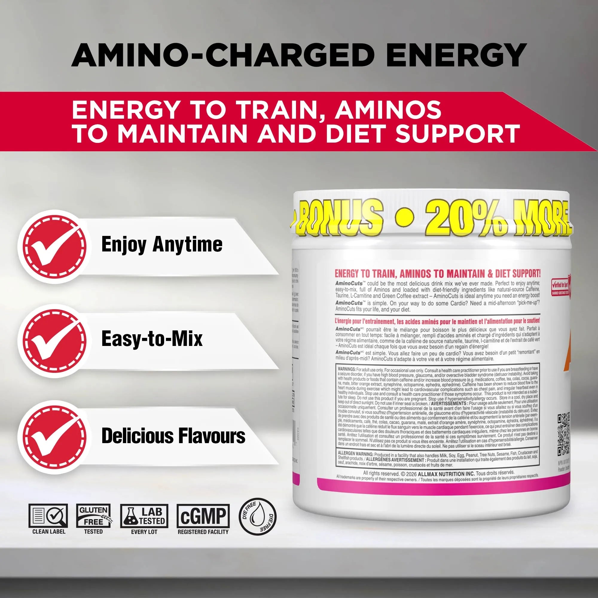 A supplement container labeled 'Amino-Charged Energy' shown on a gray promotional background with marketing text and feature icons. The container is mostly white with a pink band and yellow bonus text, and the image includes claims such as 'Enjoy Anytime,' 'Easy-to-Mix,' and 'Delicious Flavors.