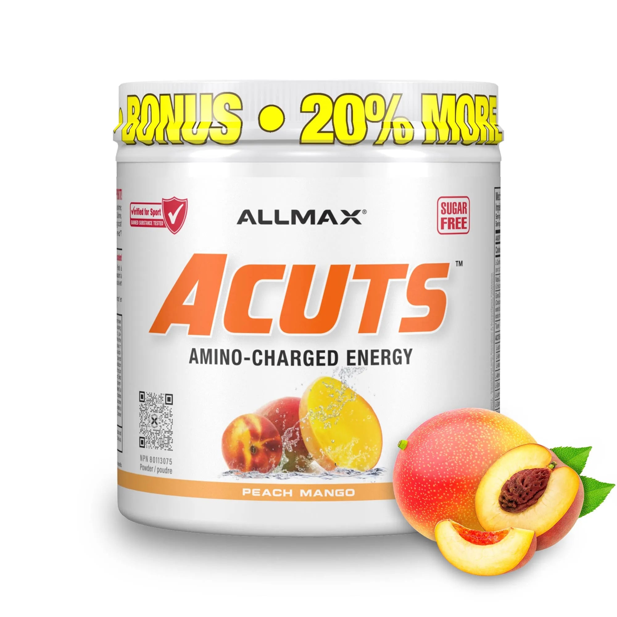 A tub of ALLMAX Acuts Amino-Charged Energy powder in Peach Mango flavor, featuring a white container with orange and yellow text, alongside fresh peach and mango fruit illustrations on a white background.