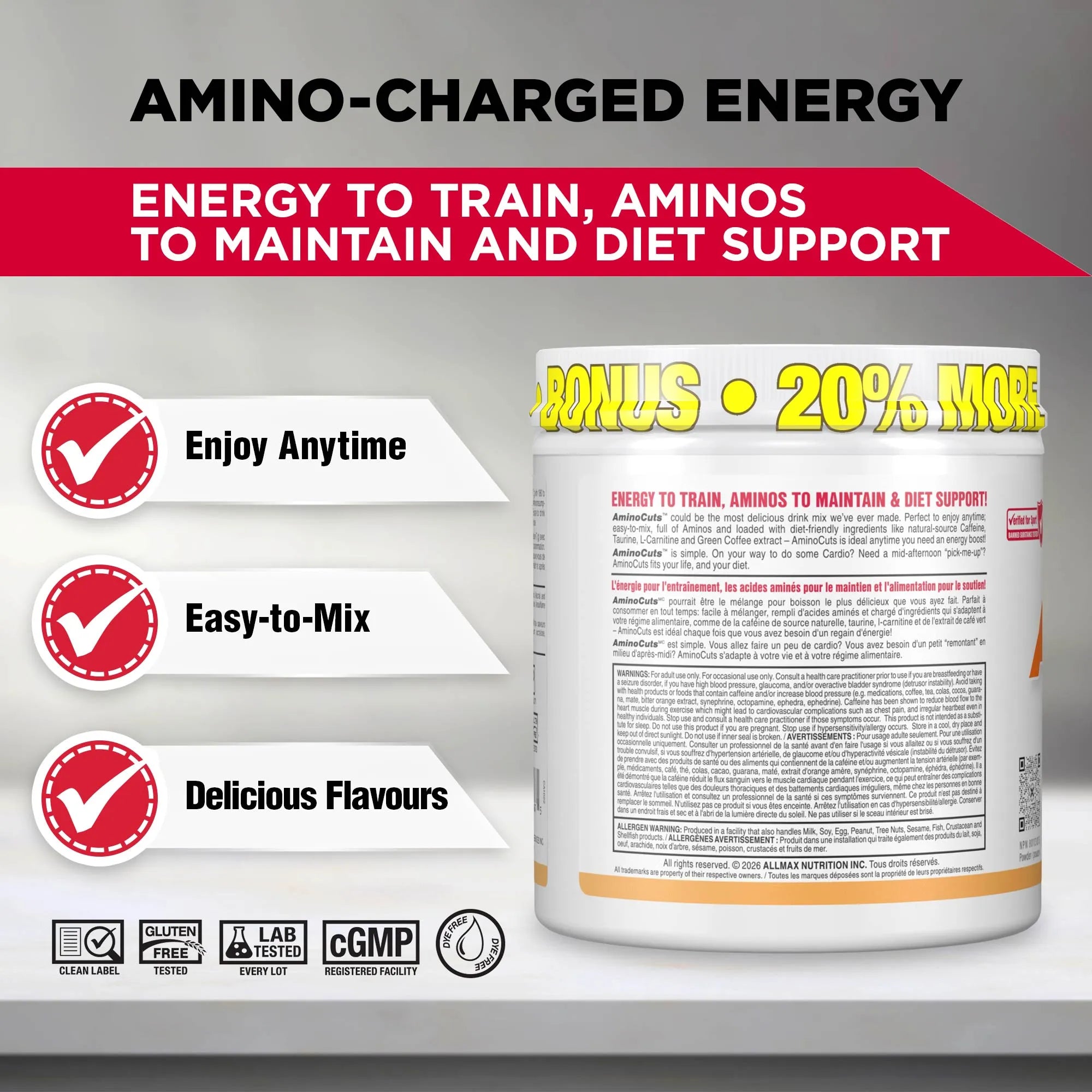 Amino-Charged Energy supplement bottle shown on a promotional graphic with feature callouts: Enjoy Anytime, Easy-to-Mix, and Delicious Flavors. The bottle is white with orange and red label accents, and the background is a gray gradient with a red banner at the top.