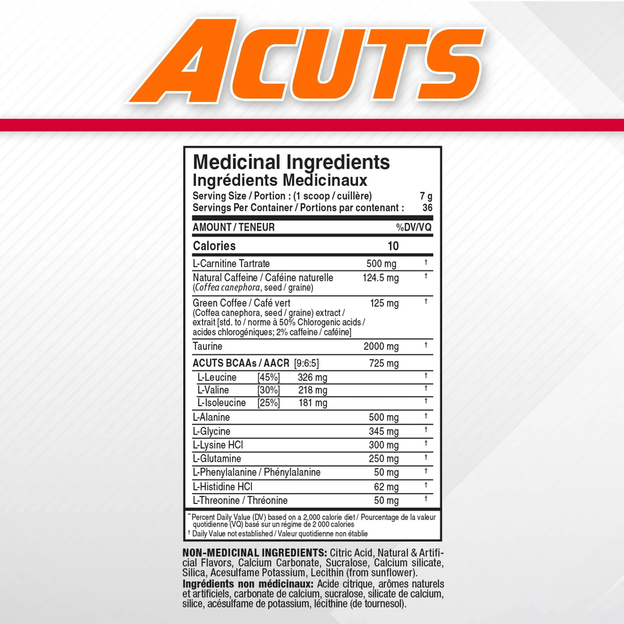 A front-facing supplement package label with a large orange Aauts logo at the top and a central Nutrition Facts panel showing medical ingredients, serving size, calories, and listed substances such as L-carnitine, natural caffeine, green coffee, and taurine.
