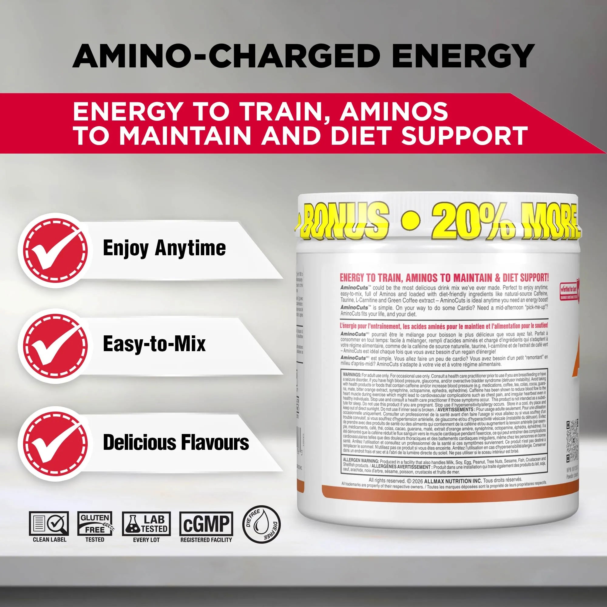Amino-charged energy supplement bottle shown on a gray promotional graphic with red and white text banners, feature callouts, and a bonus percentage badge.