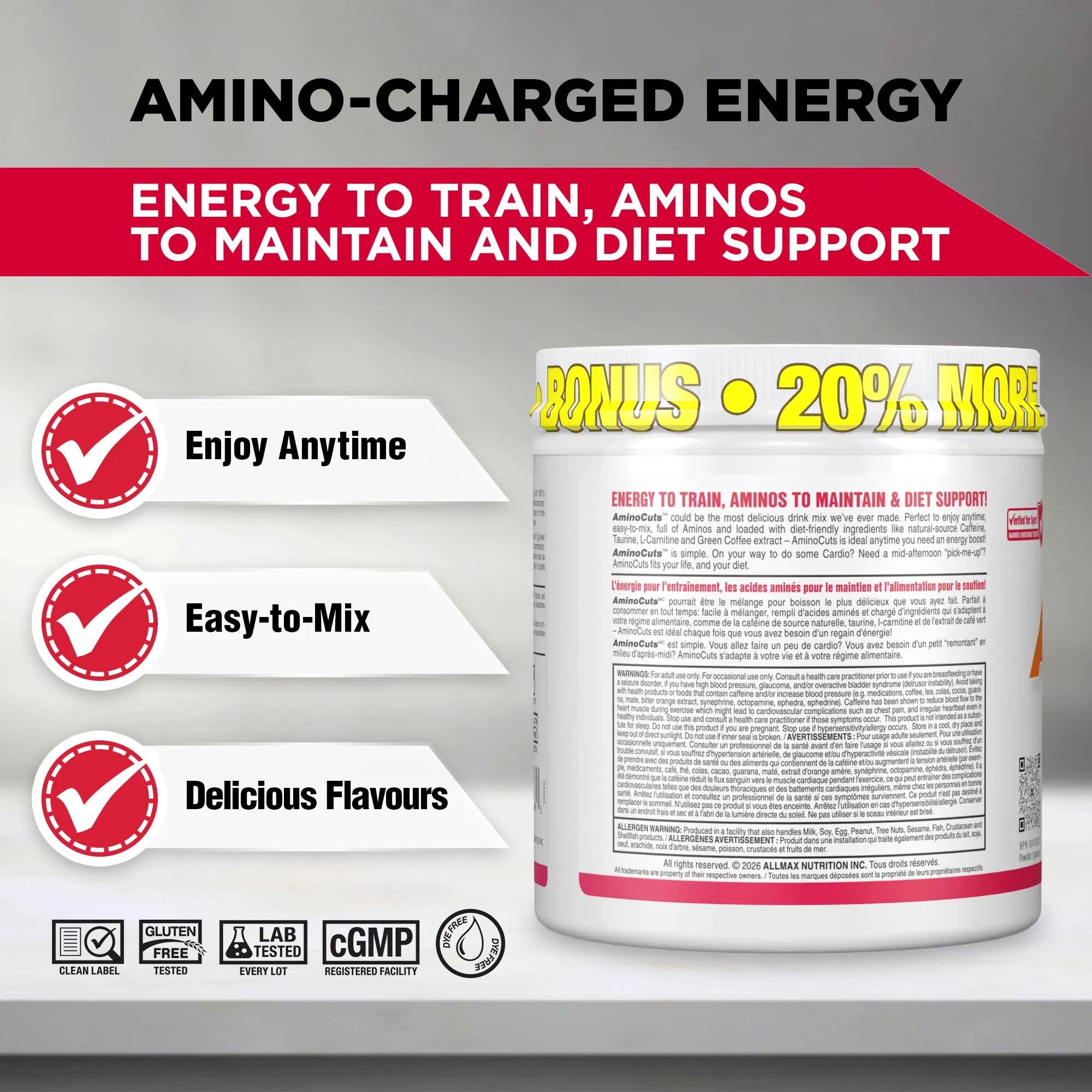 A white supplement tub labeled 'Energy to Train, Aminos to Maintain & Diet Support' shown on a gray promotional background with red and white text banners, feature icons, and a 'Bonus 20% More' callout.