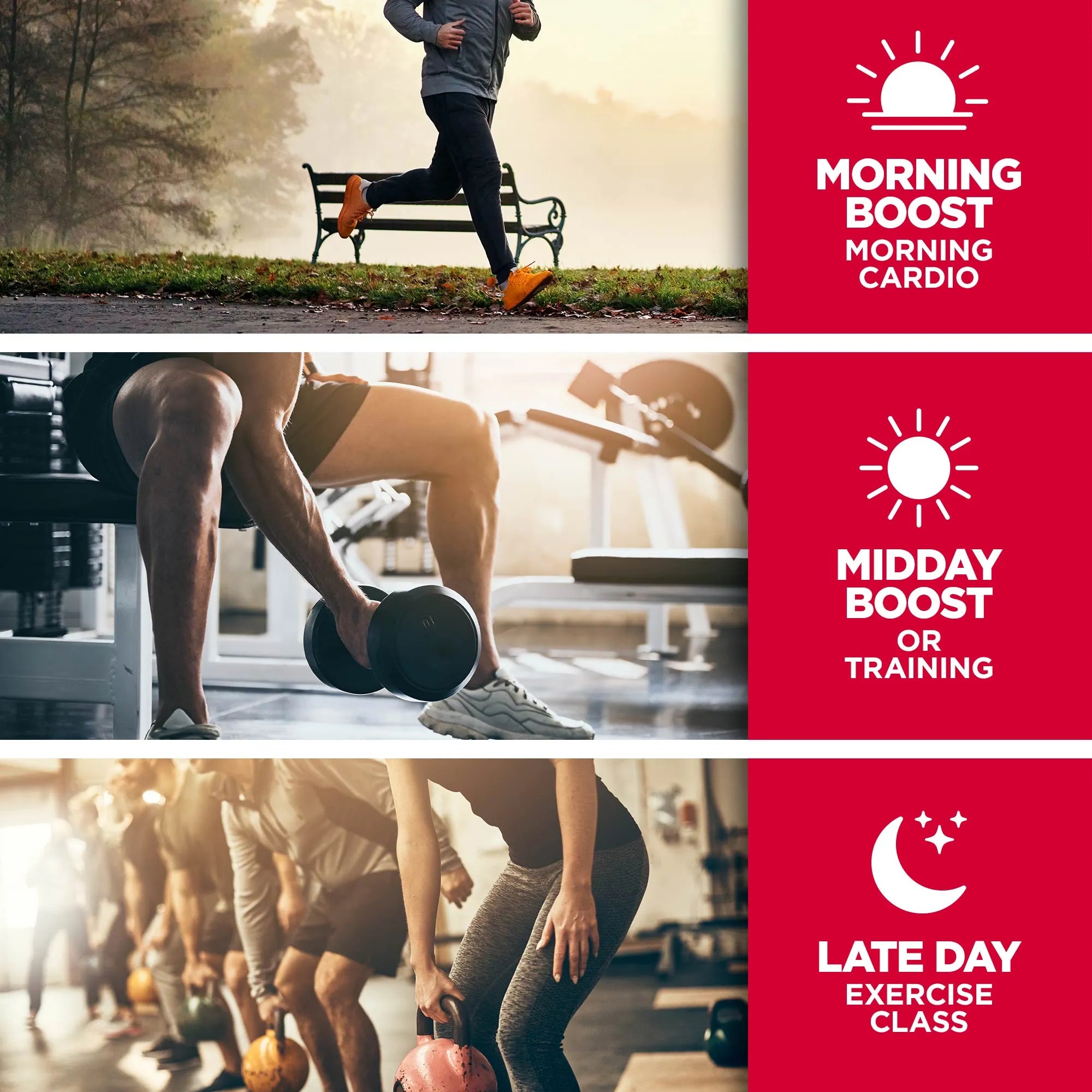 Three scenes of people exercising with text indicating different times of day for exercise routines.