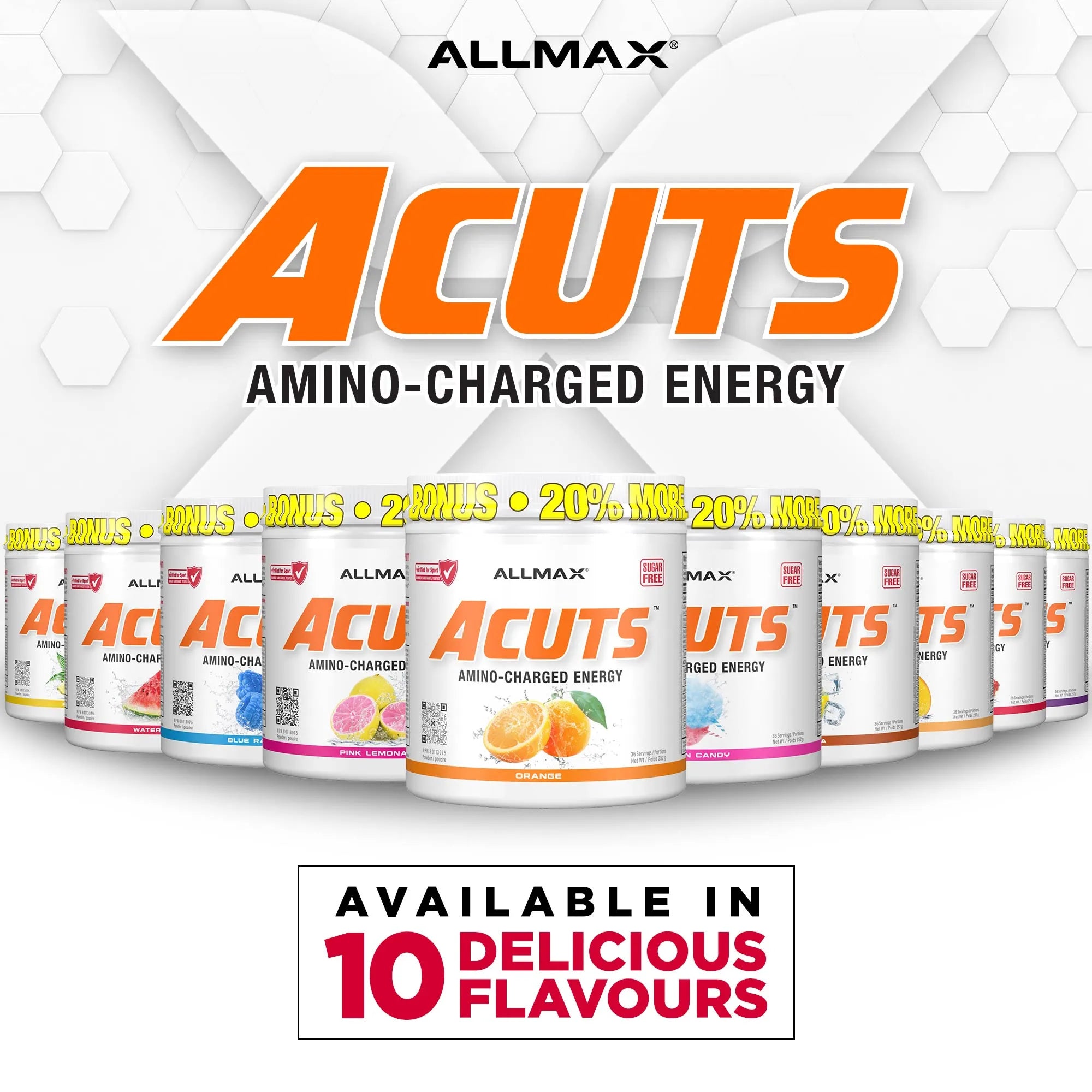 A promotional graphic for Allmax Acuts amino-charged energy drinks, showing multiple white bottles in a row with orange and multicolor labels, set against a white hexagonal background with large orange 'ACUTS' text and a banner at the bottom reading 'Available in 10 delicious flavours'.