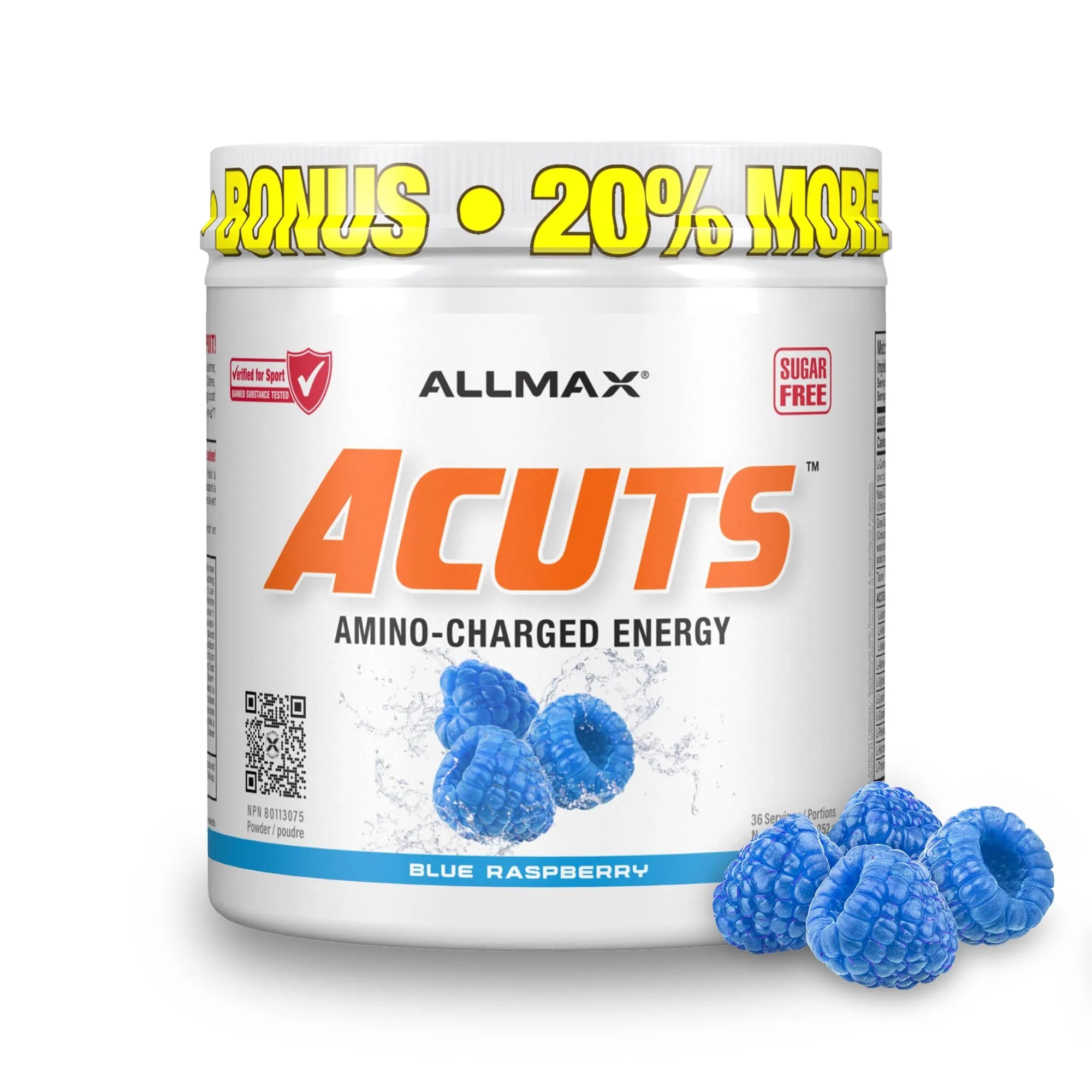 A white tub of Allmax Acuts Amino-Charged Energy powder in Blue Raspberry flavor, shown with several blue raspberries on a white background. The tub features a yellow 'BONUS 20% MORE' banner at the top.