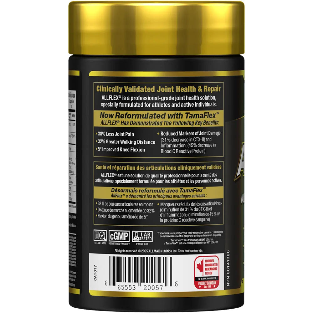 Back label of a supplement container with gold and black design on a white background
