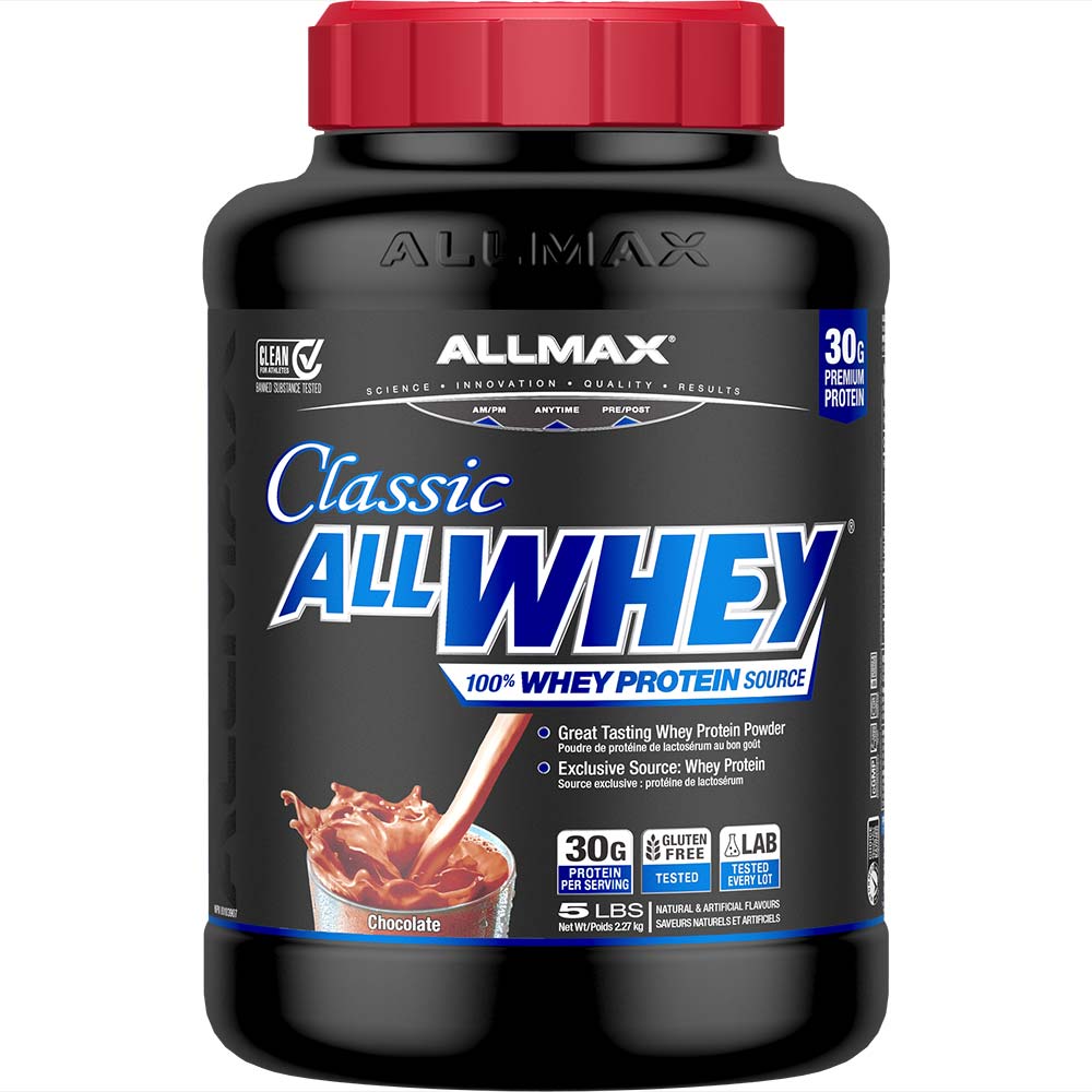 AllWhey Classic by ALLMAX Nutrition in Chocolate Flavour and 5lb Size.