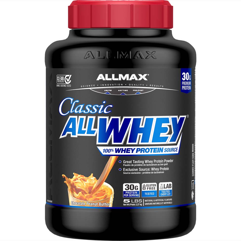 AllWhey Classic by ALLMAX Nutrition in Chocolate Peanut Butter Flavour and 5lb Size.