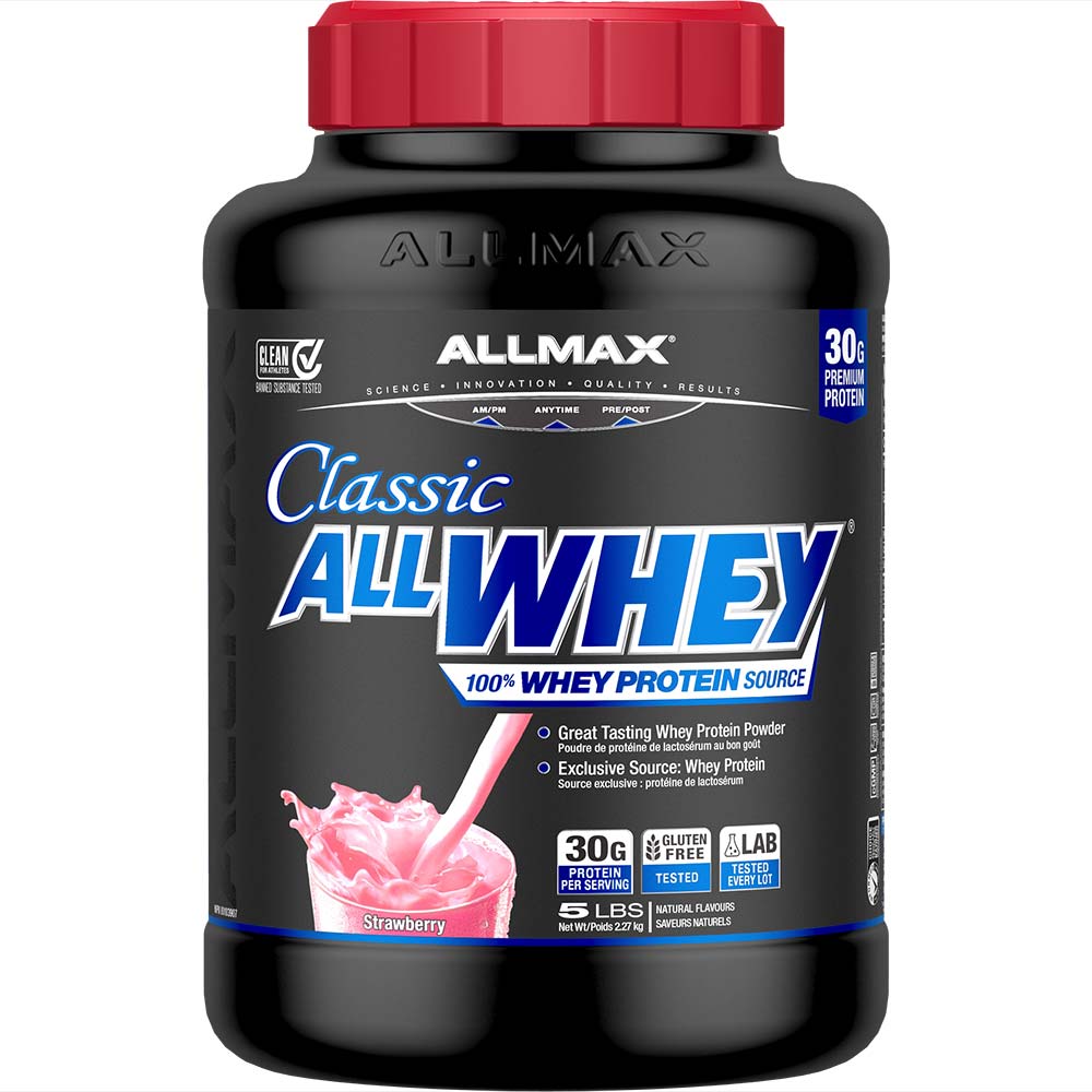 AllWhey Classic by ALLMAX Nutrition in Strawberry Flavour and 5lb Size.