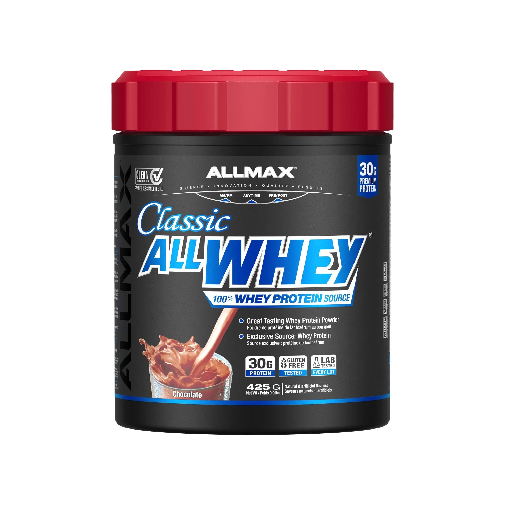 A tub of Allmax Classic All Whey chocolate flavored protein powder, featuring a black label with a red lid and blue and white text, on a solid white background.