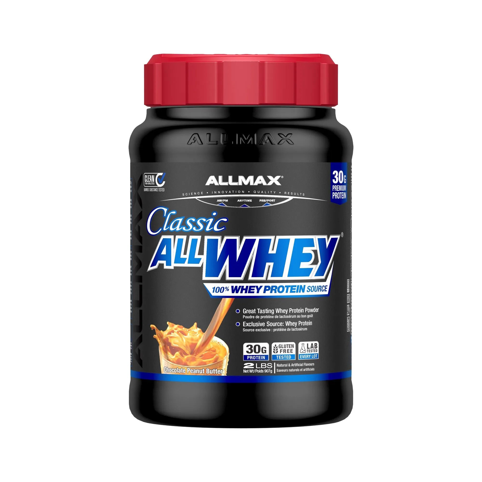 A tub of Allmax Classic All Whey 100% Whey Protein Source in Chocolate Peanut Butter, featuring a black container, red lid, and blue and white label.
