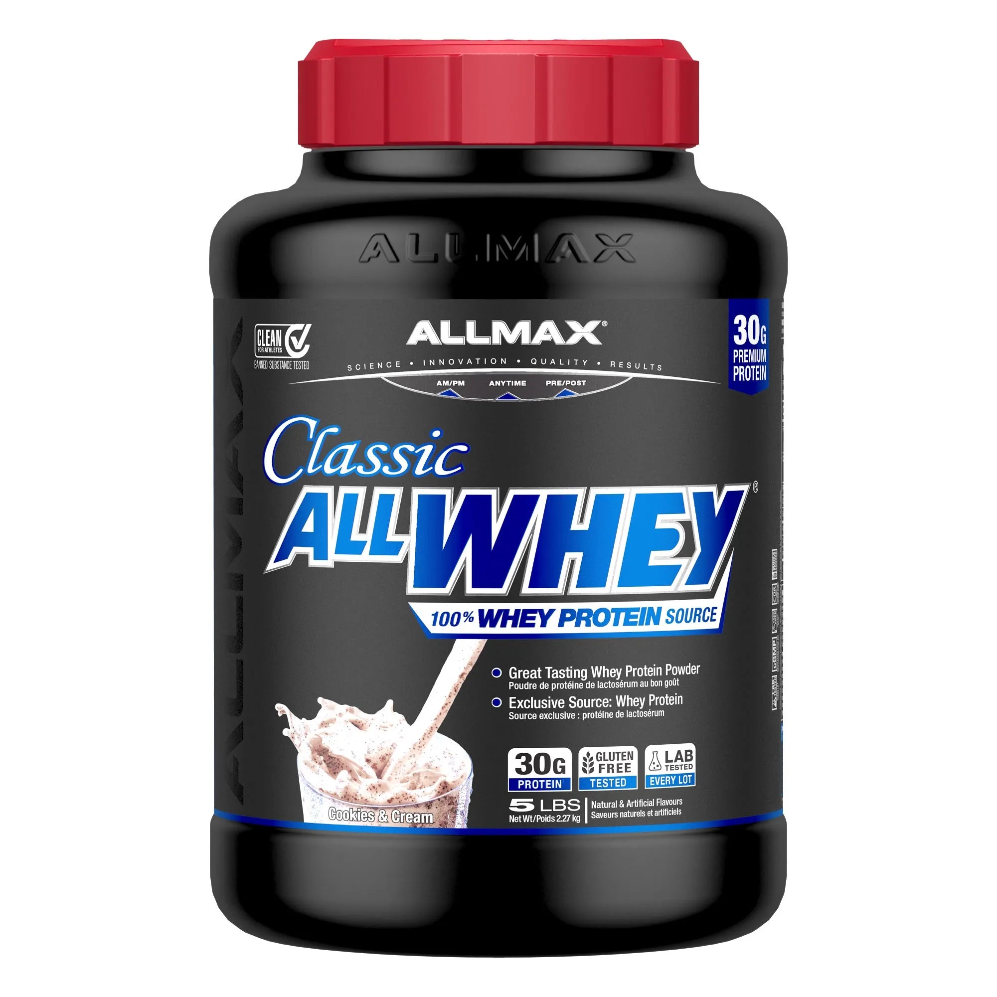A black tub of Allmax Classic All Whey 100% Whey Protein Powder with a red cap, shown on a plain white background.