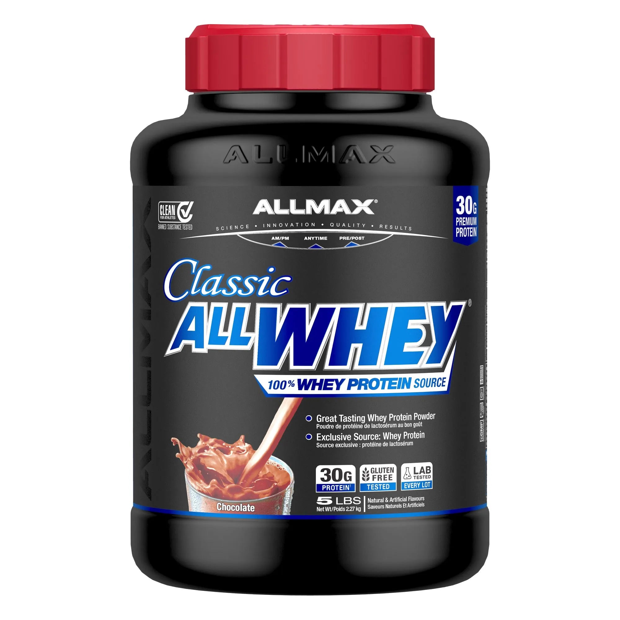 A black tub of Allmax Classic All Whey 100% Whey Protein Powder in Chocolate flavor, featuring a red cap and a black label with blue and white text.