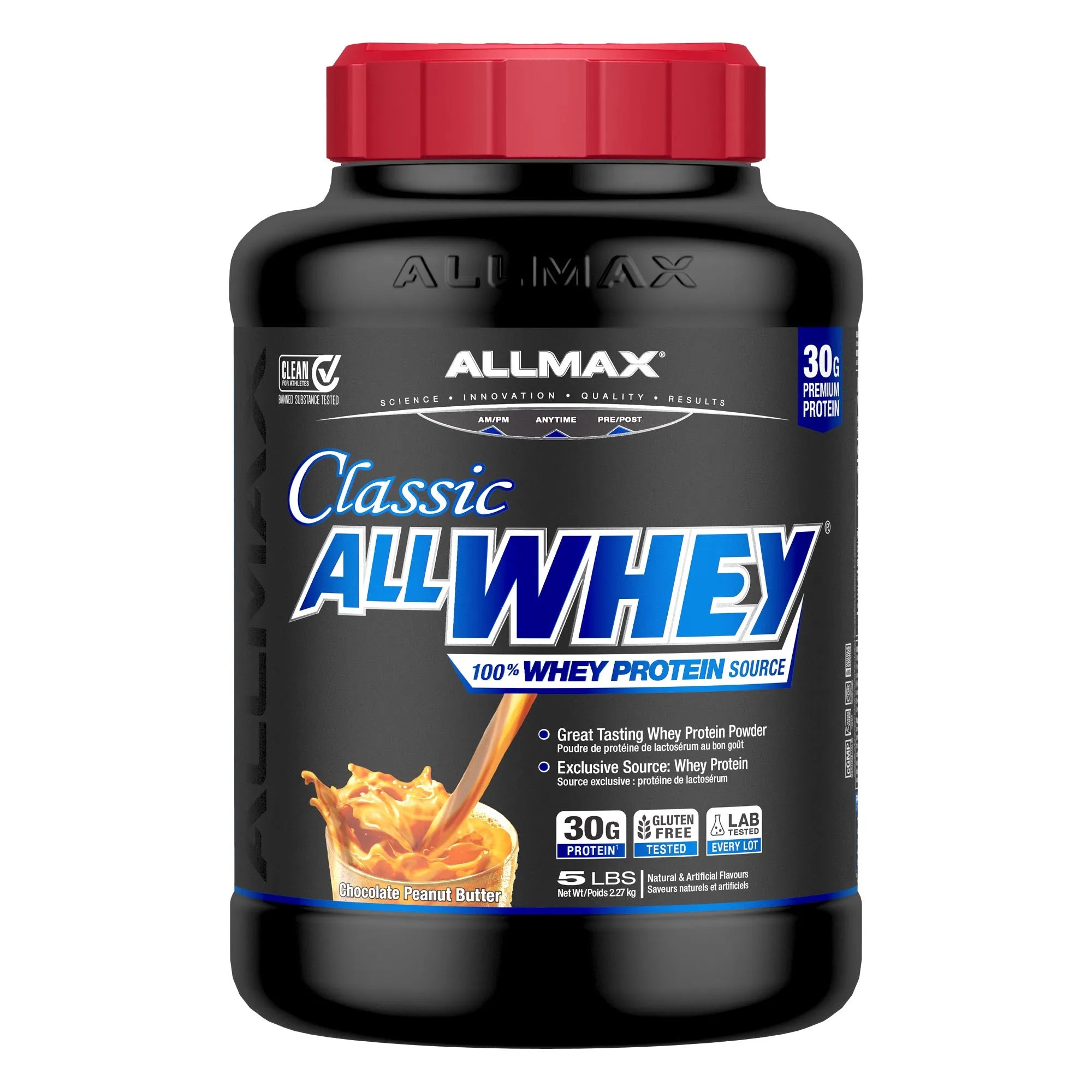 A 5 lb black tub of Allmax Classic All Whey 100% Whey Protein Source with a red lid, shown on a plain white background.