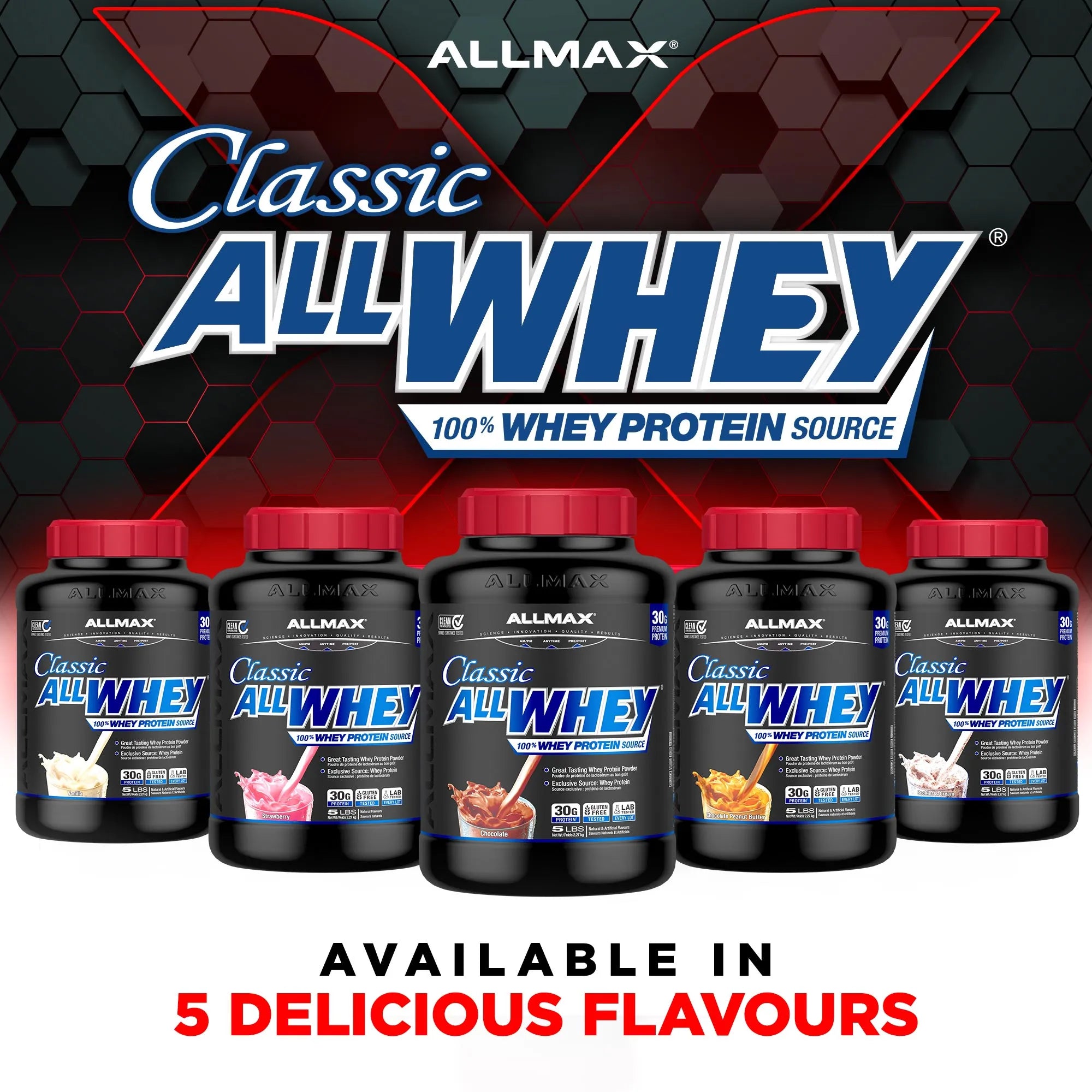 Five Allmax Classic All Whey protein powder tubs in different flavors lined up against a dark red and black hexagonal background, with text reading 'AVAILABLE IN 5 DELICIOUS FLAVOURS'.