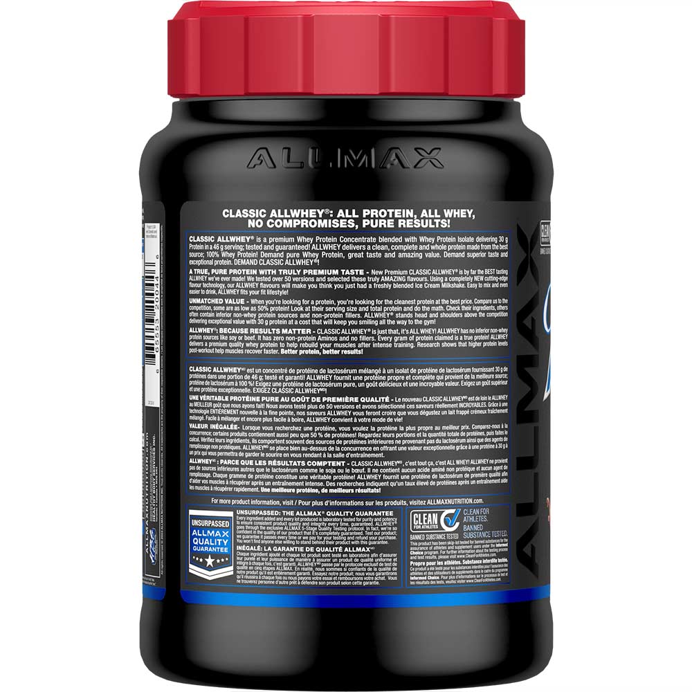 AllWhey Classic by ALLMAX Nutrition in Chocolate Flavour and 2lb Size.