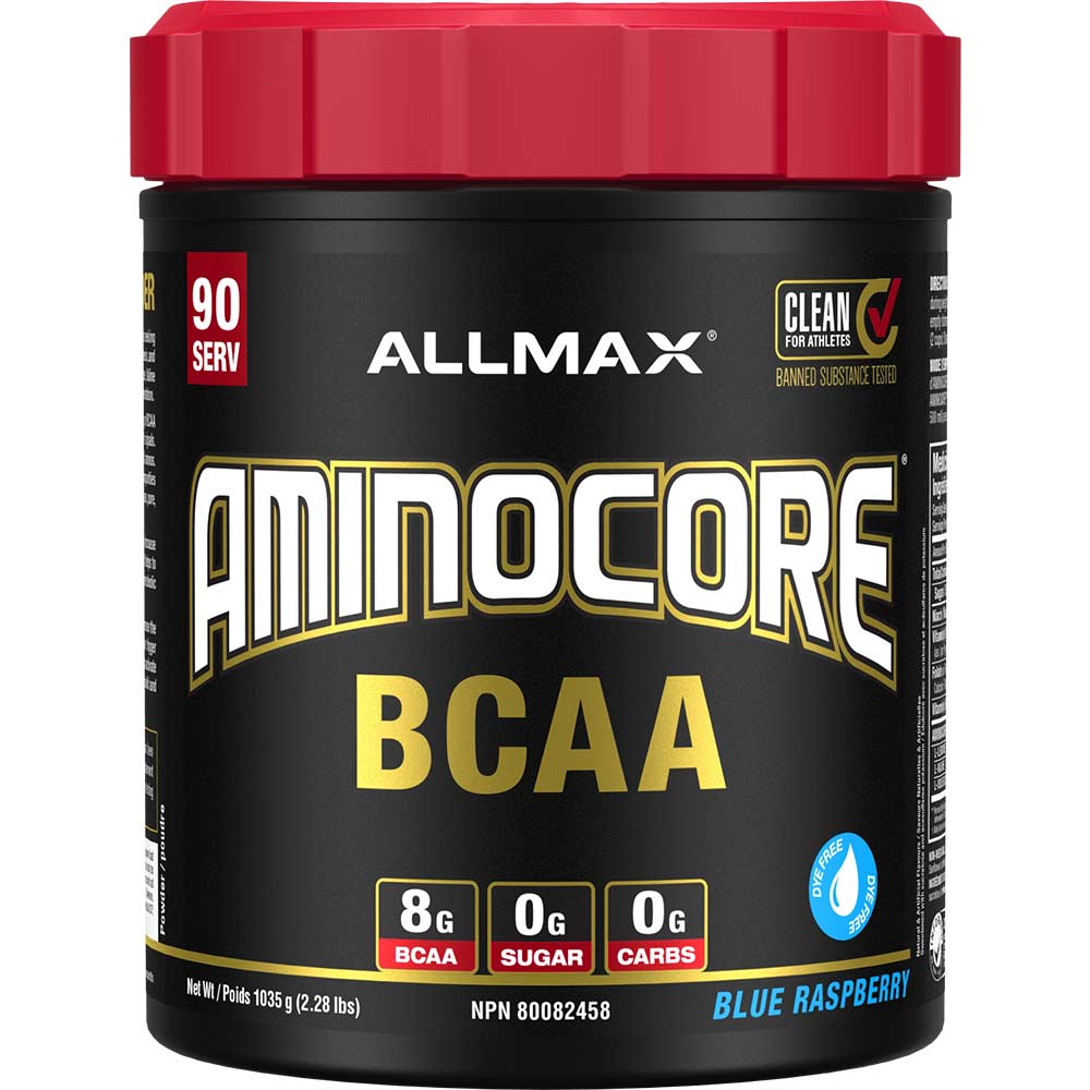Aminocore 90 Serv by ALLMAX Nutrition in Blue Rasp Flavor and 1035g Size.