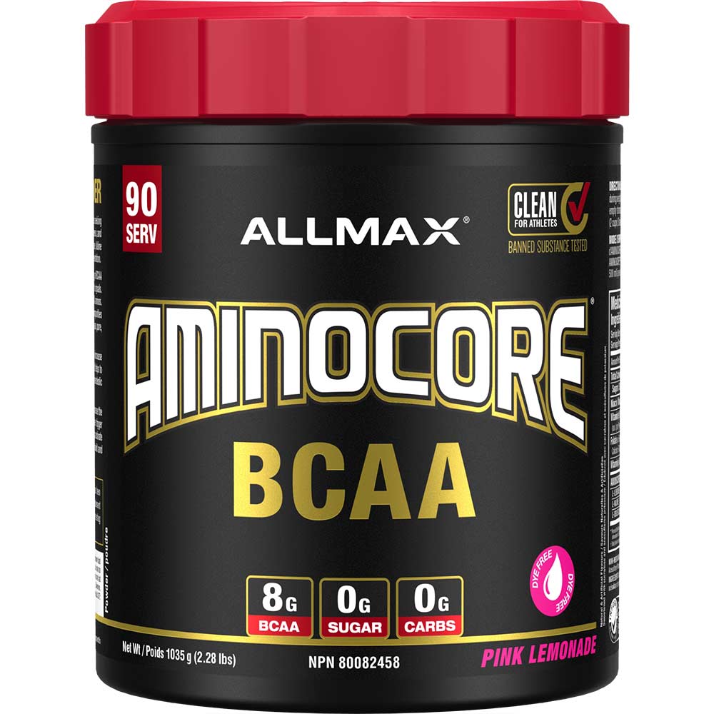 Aminocore 90 Serv by ALLMAX Nutrition in Pink Lemonade Flavour and 1035g Size.