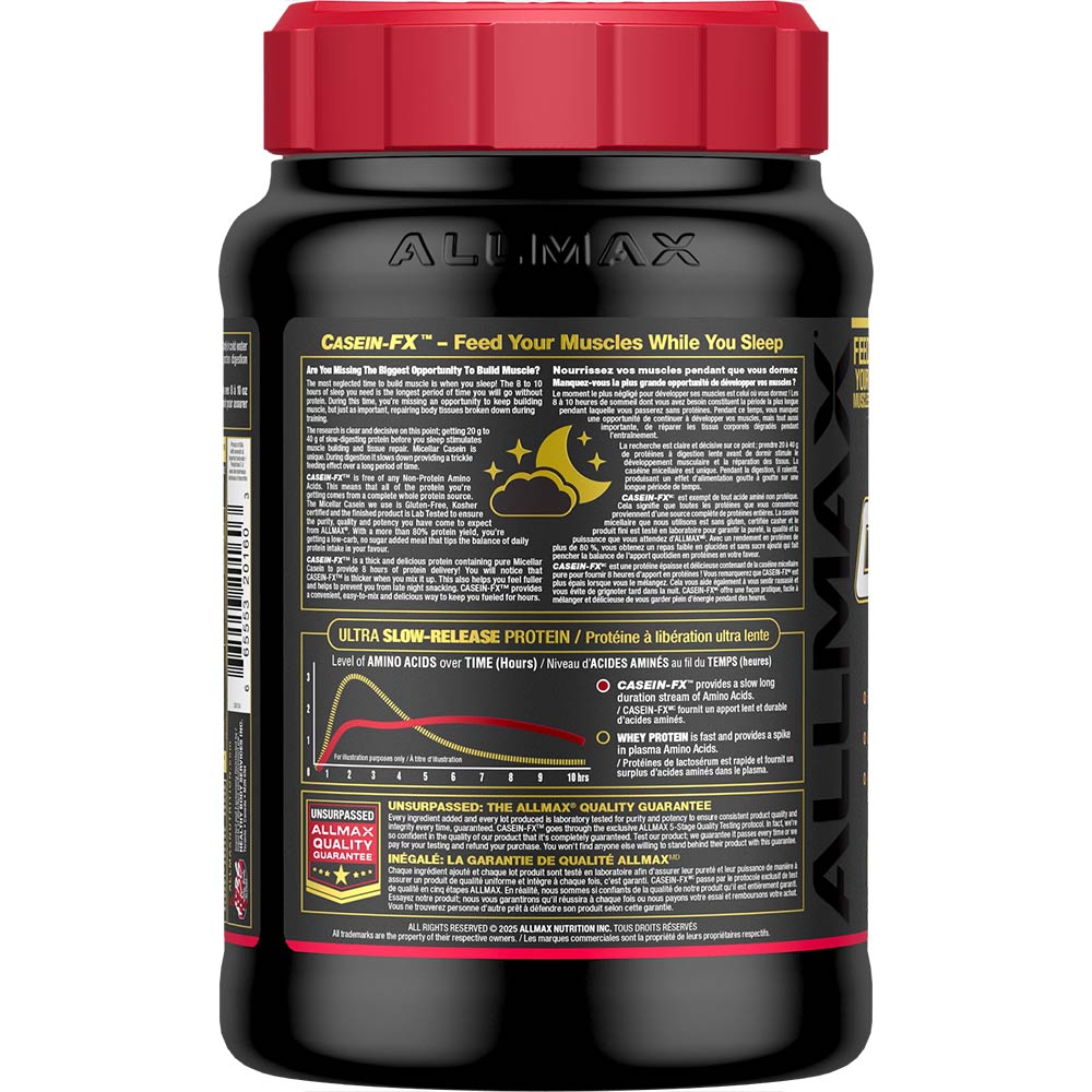 Casein-FX Protein Powder by ALLMAX Nutrition in Chocolate Flavour and 2lb Size.