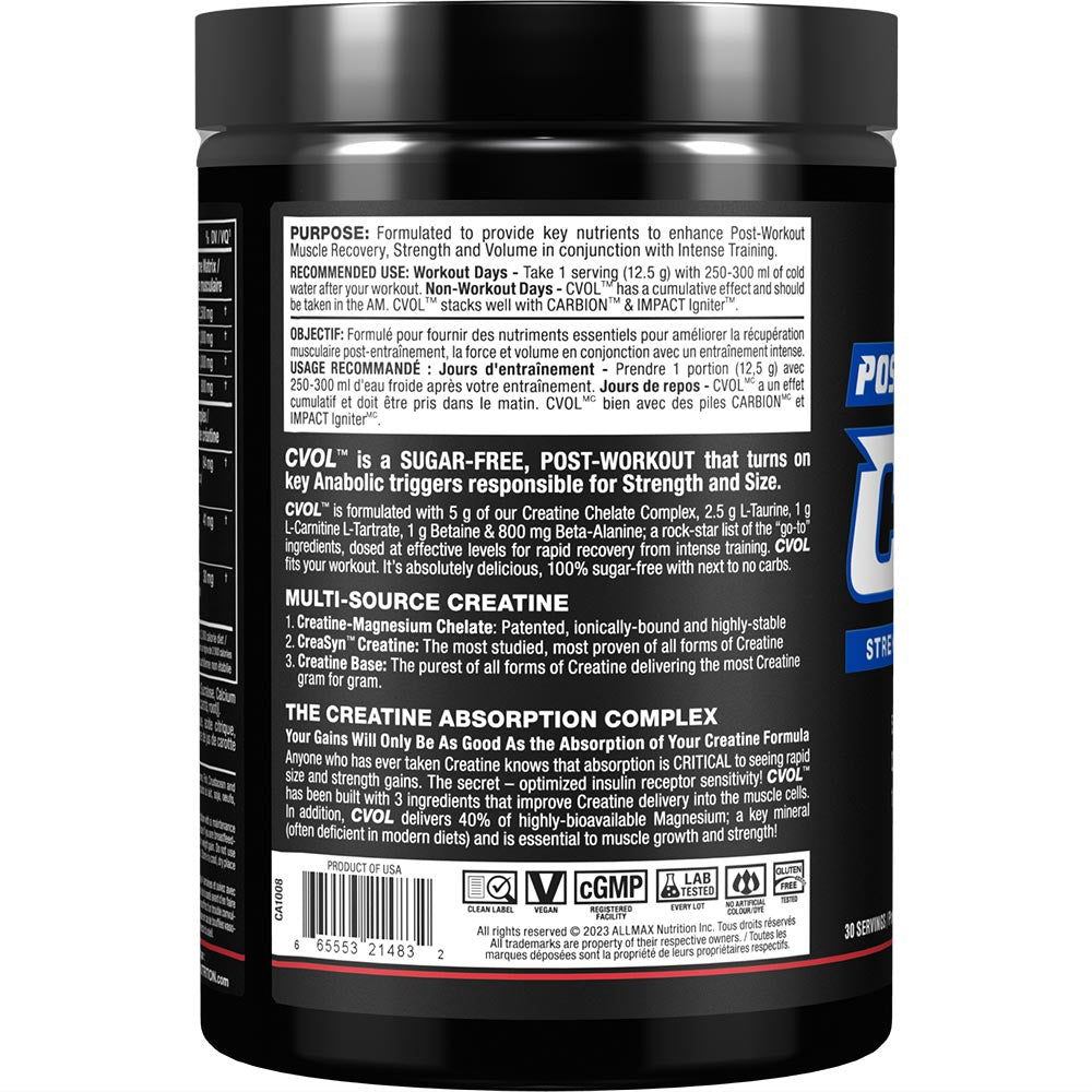 C: VOL by ALLMAX Nutrition in Raspberry Kiwi Flavour and 375g Size.