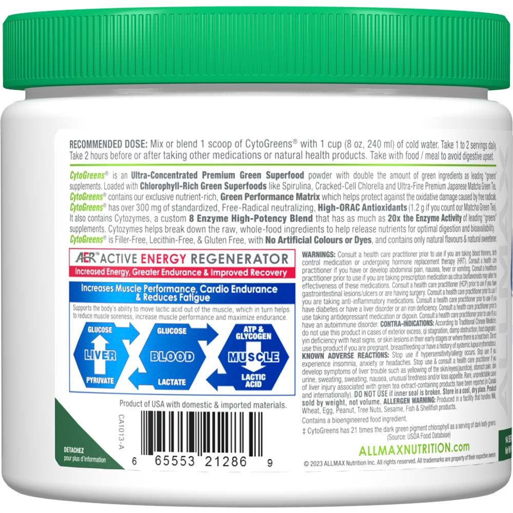 Cytogreens by ALLMAX Nutrition in Acai Berry Green Tea Flavour and 125g Size.