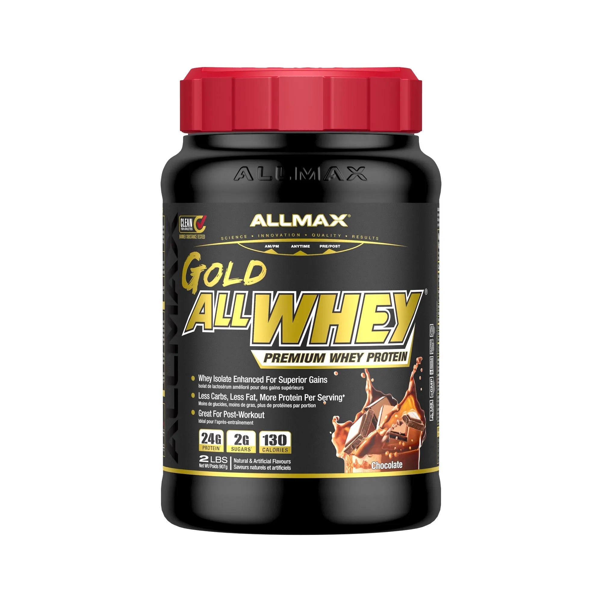 A black plastic tub of Allmax Gold All Whey Premium Whey Protein with a red lid, shown on a plain white background.