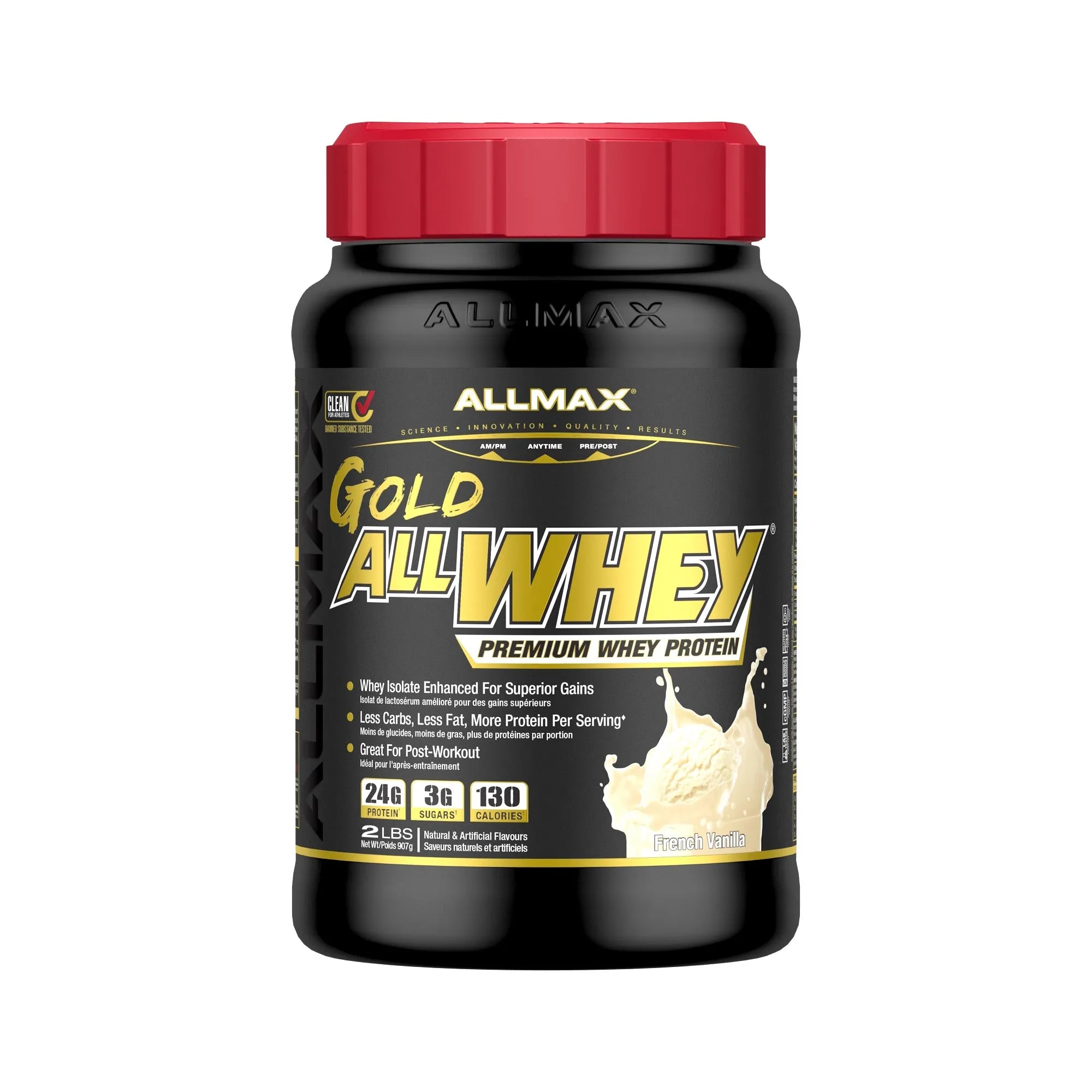 A black plastic tub of Allmax Gold All Whey Premium Whey Protein with a red lid, on a plain white background.