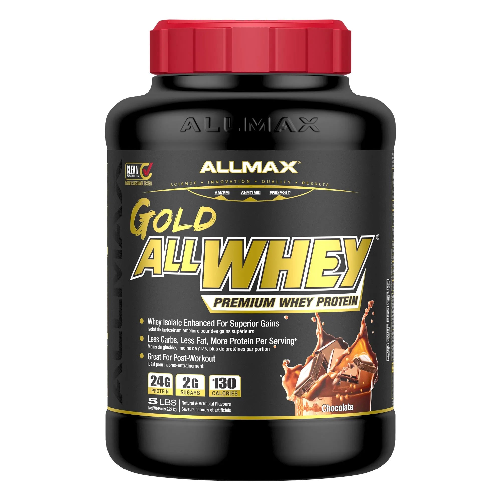A black tub of Allmax Gold All Whey Premium Whey Protein in chocolate flavor, featuring a red cap and a black label with gold and white text.