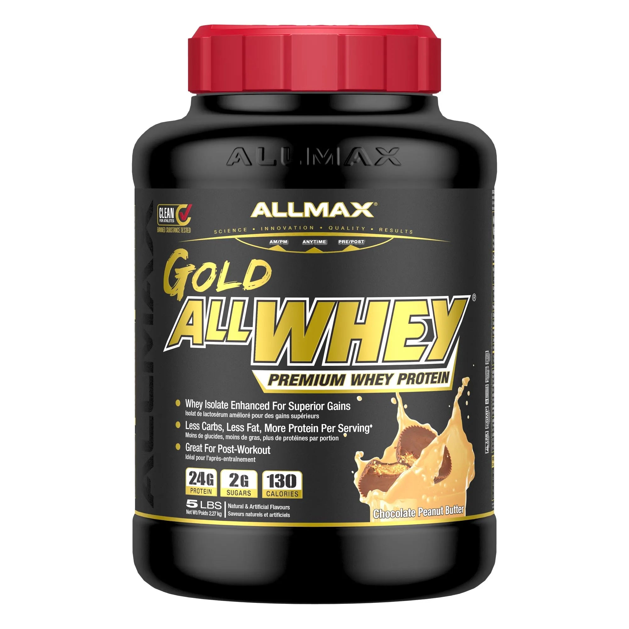 A black tub of Allmax Gold All Whey Premium Whey Protein with a red cap, shown on a plain white background.