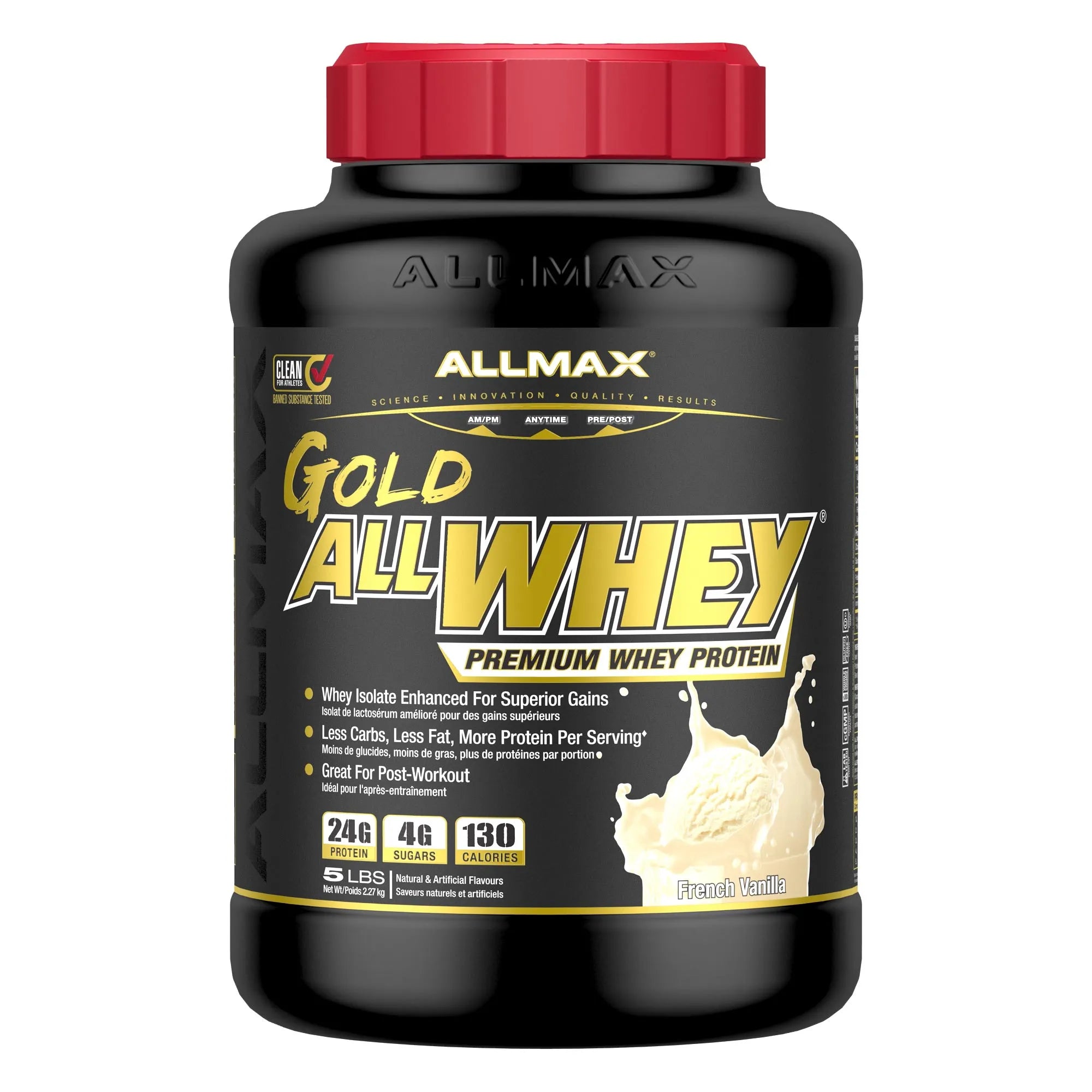 A black tub of Allmax Gold All Whey Premium Whey Protein powder in Peach flavor, featuring a red cap and a black label with gold and white text.