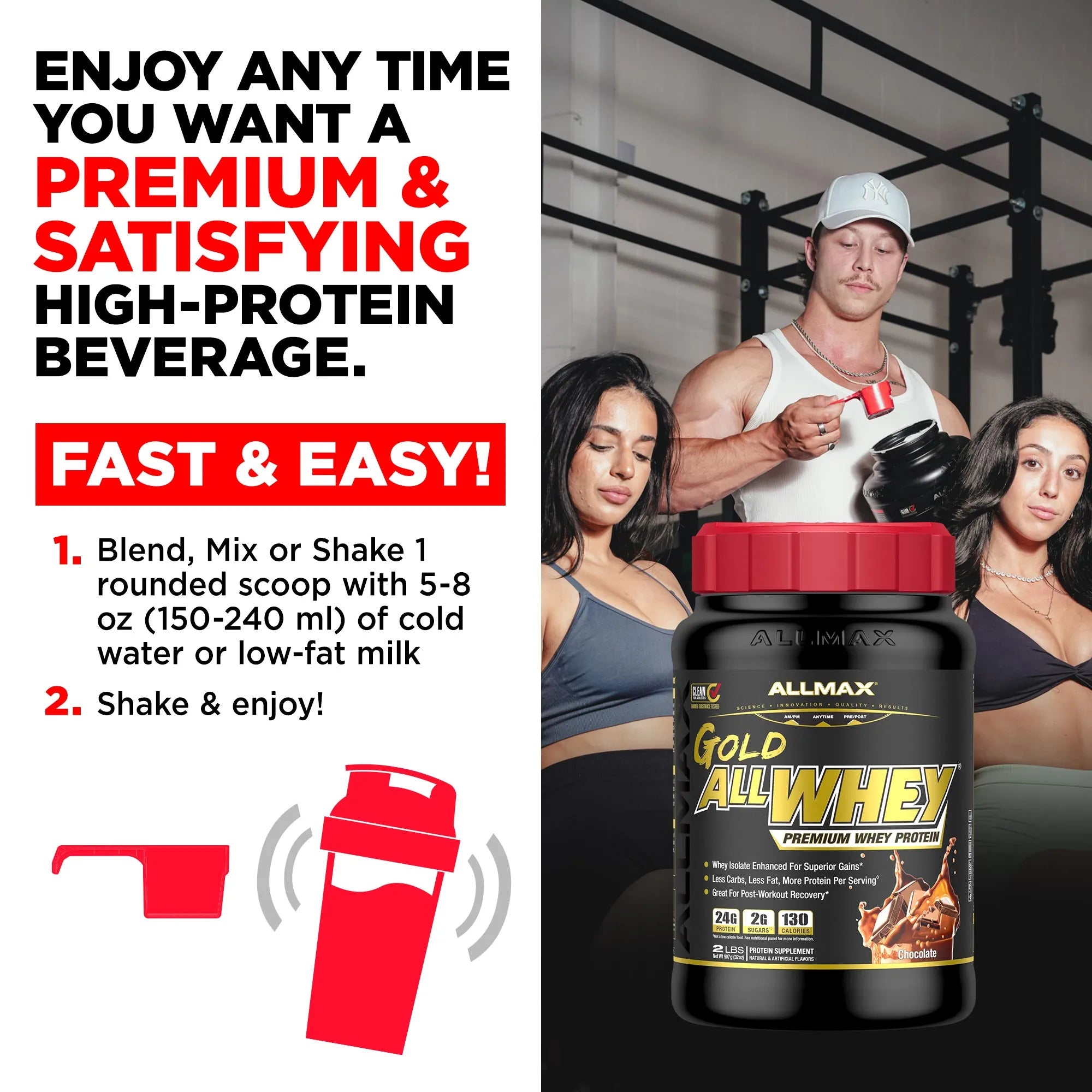 Promotional graphic for Allmax Gold Allwhey Premium Whey. The left side features text explaining the easy shake-and-enjoy process with a red shaker bottle icon, while the right side shows three people in a gym with a large jar of the product in the foreground.