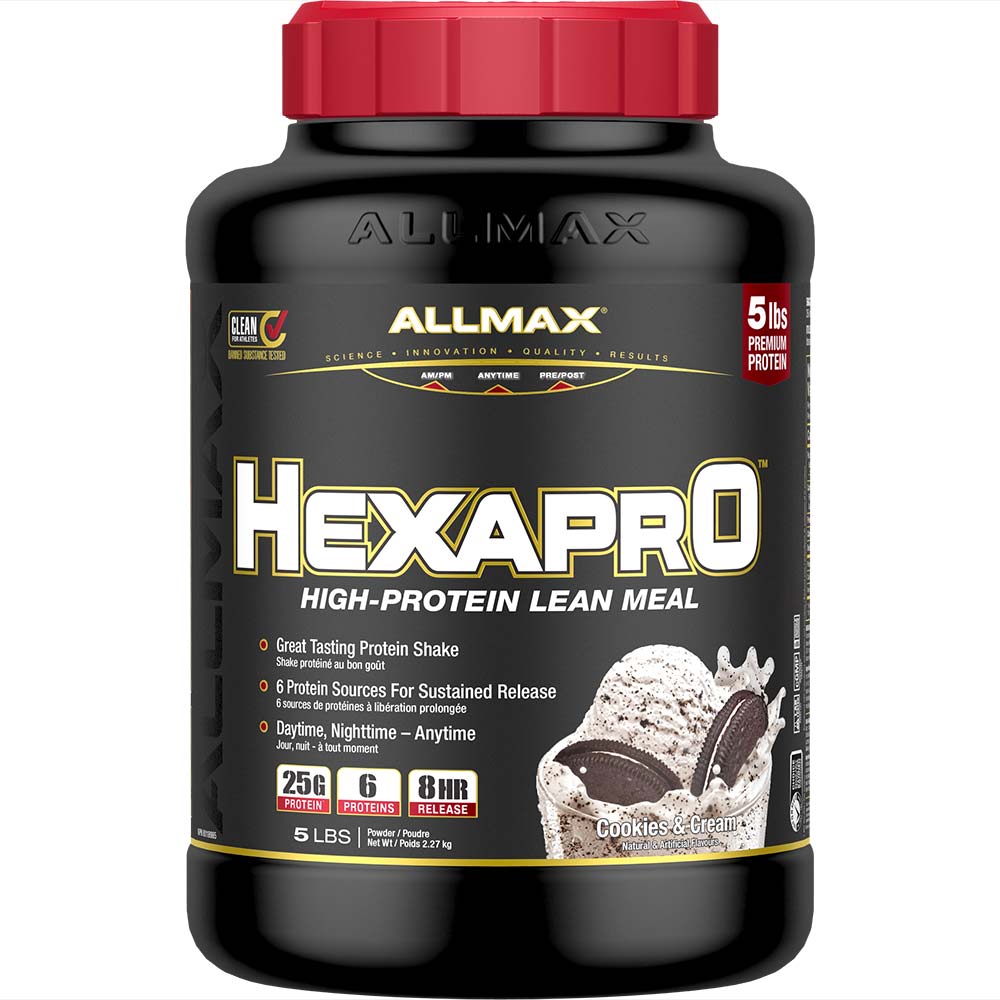 Hexapro by ALLMAX Nutrition in Cookies N Cream Flavour and 5lb Size.