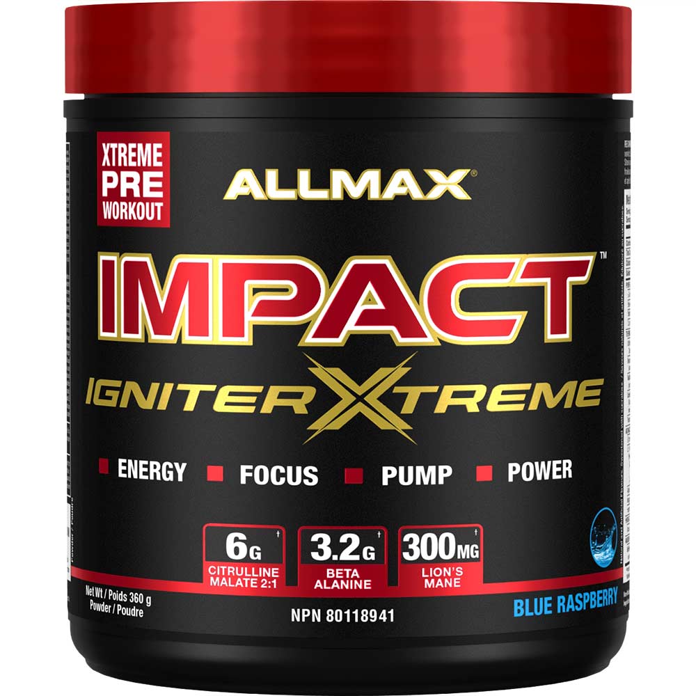 Impact Igniter Xtreme 20 Serv by ALLMAX Nutrition in Blue Raspberry Flavour and 360g Size.