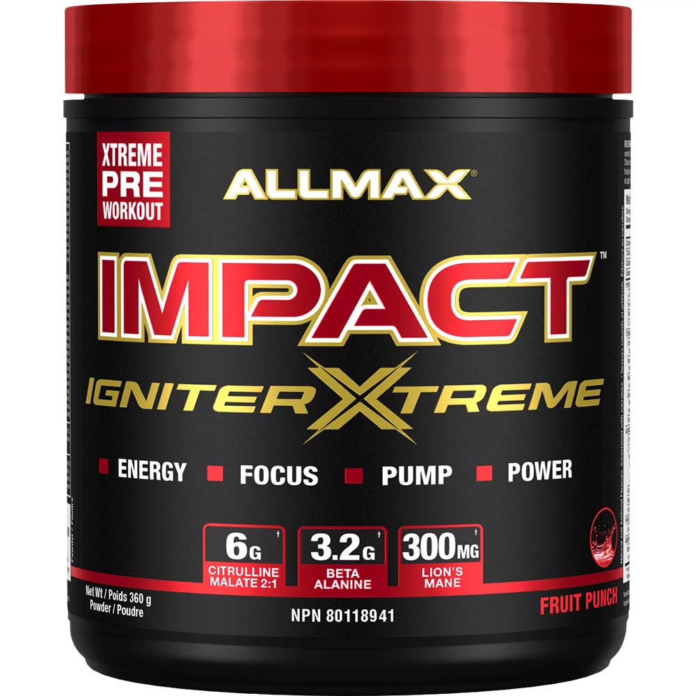 Impact Igniter Xtreme 20 Serv by ALLMAX Nutrition in Fruit Punch Flavour and 360g Size.