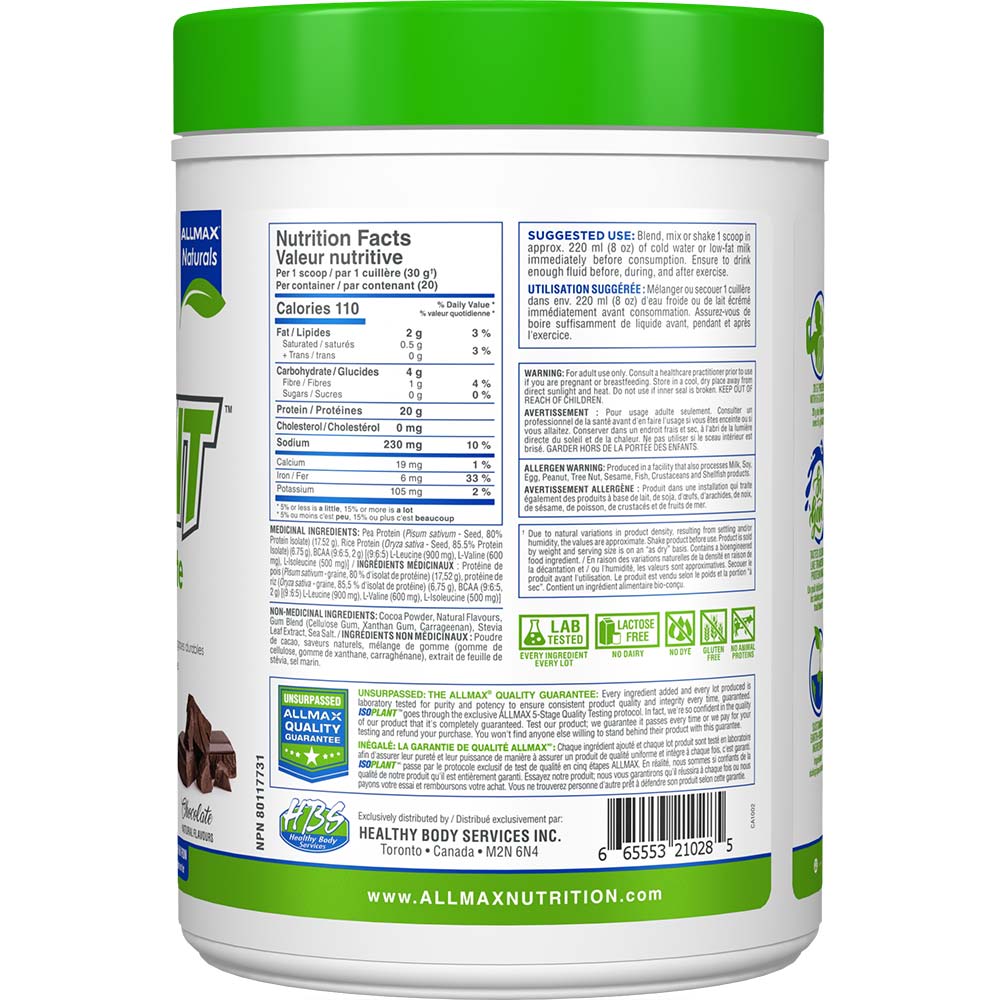 Isoplant by ALLMAX Nutrition in Chocolate Flavour and 600g Size. SFP