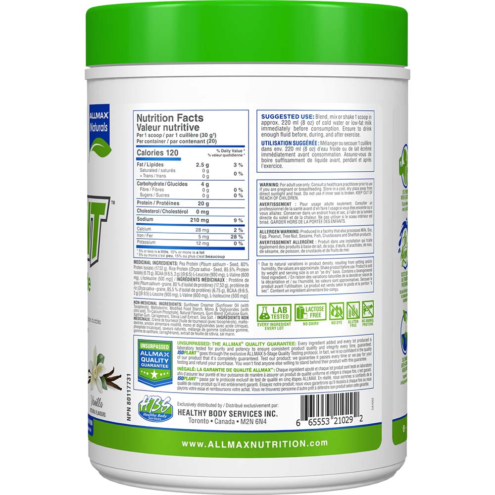 Isoplant by ALLMAX Nutrition in Vanilla Flavour and 600g Size. SFP