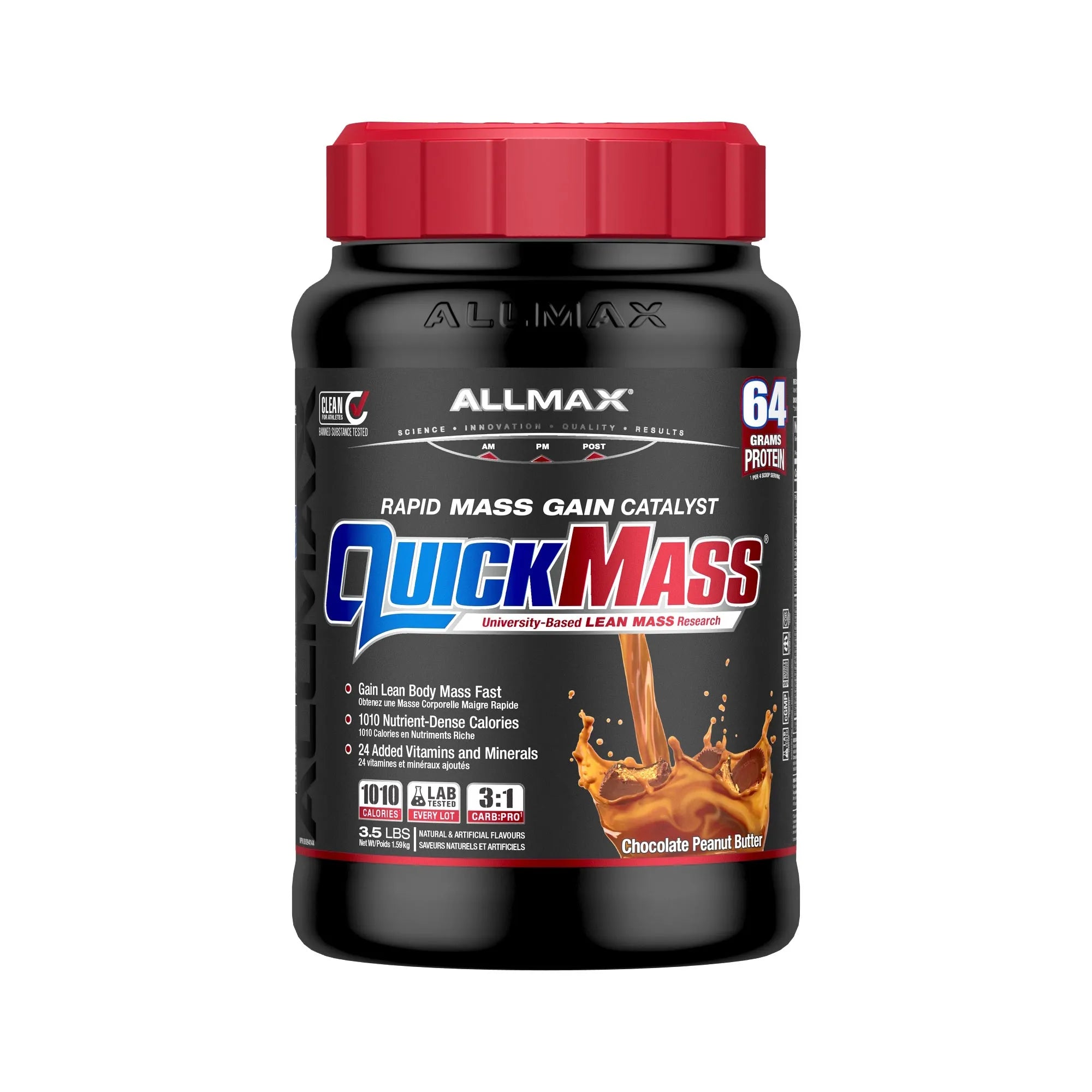 A black plastic bottle of Allmax QuickMass Rapid Mass Gain Catalyst powder with a red cap, on a plain white background.