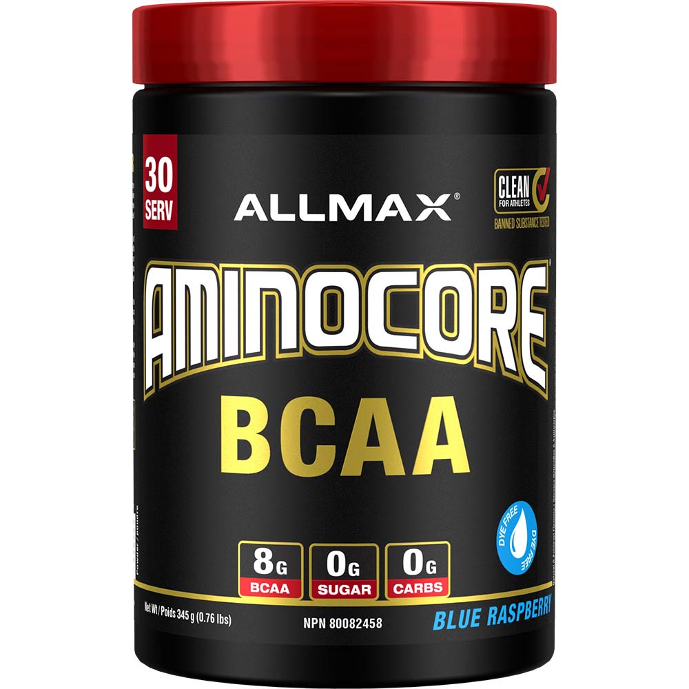 Aminocore 30 Serv by ALLMAX Nutrition in Blue Rasp Flavor and 345g Size.