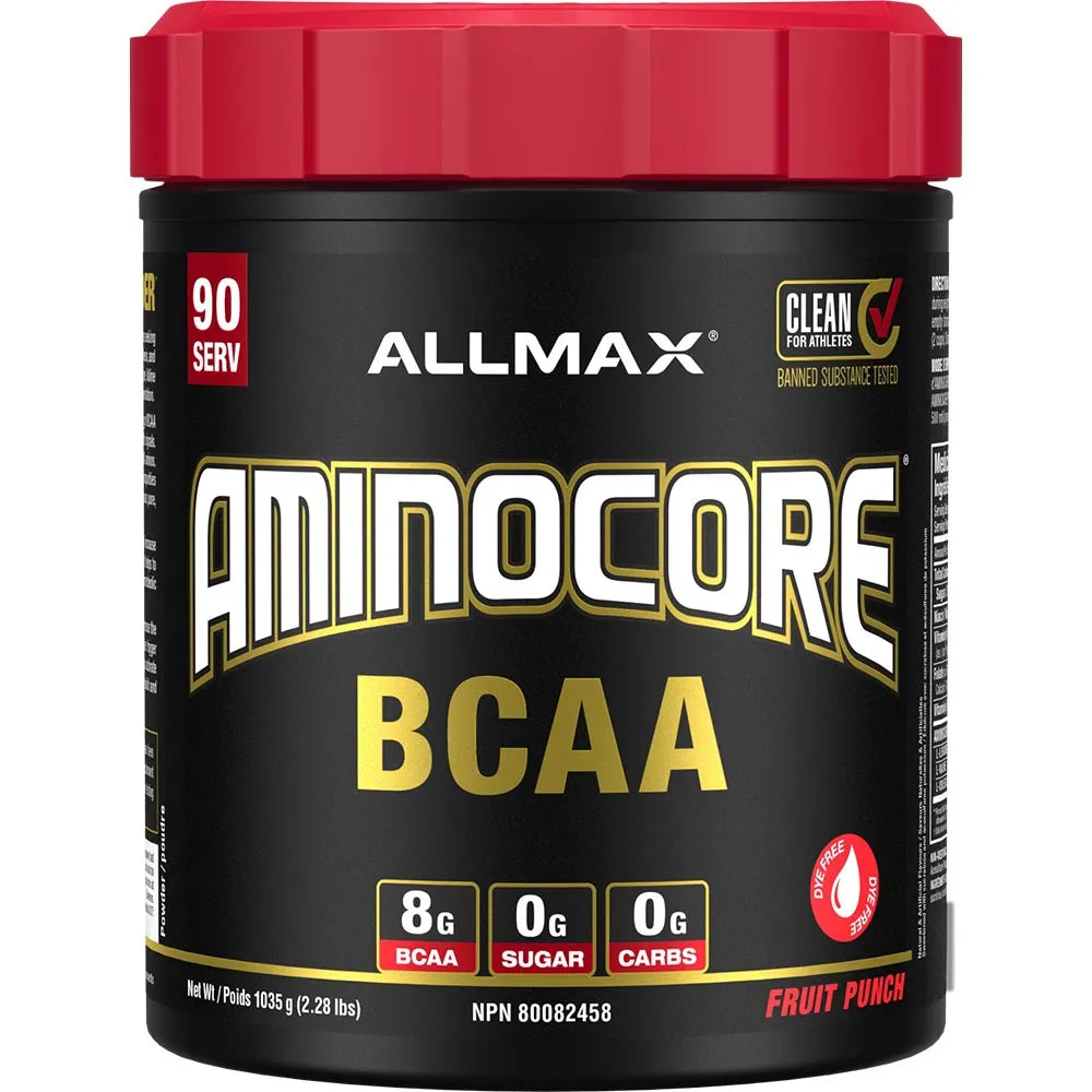 A tub of Allmax Aminocore BCAA powder in Fruit Punch flavor, featuring a black container with a red lid and white and gold lettering.